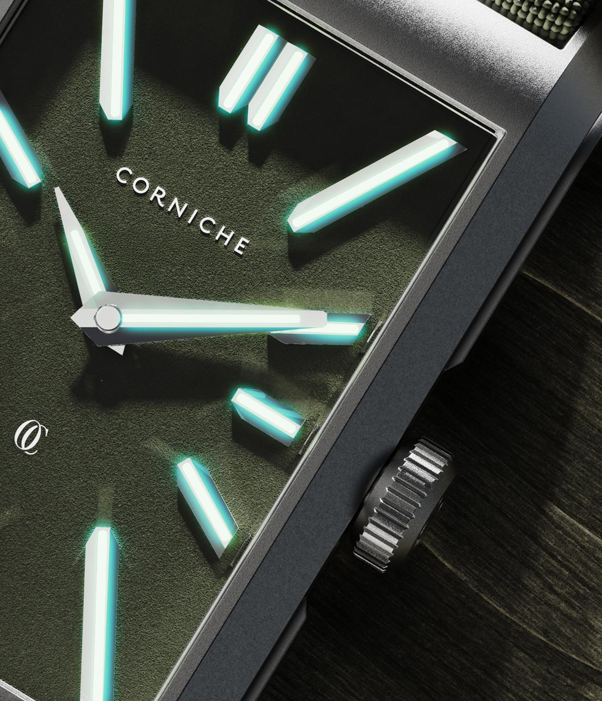 Macro shot of Corniche Visionnaire OC® lume markers and dial