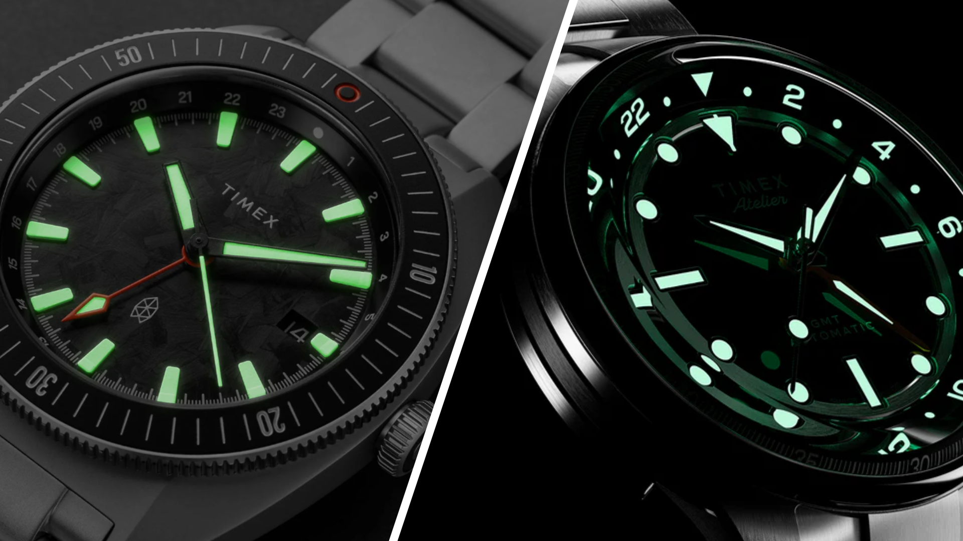 Timex GMT watches – James Brand collab (left) and Atelier GMT24 M1a (right).