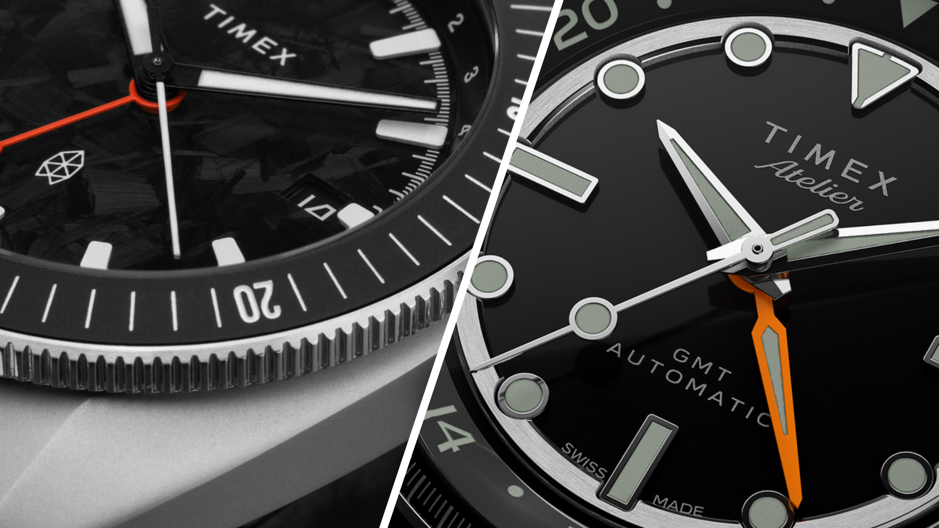 Timex GMT watches – James Brand collab (left) and Atelier GMT24 M1a (right) close-up.
