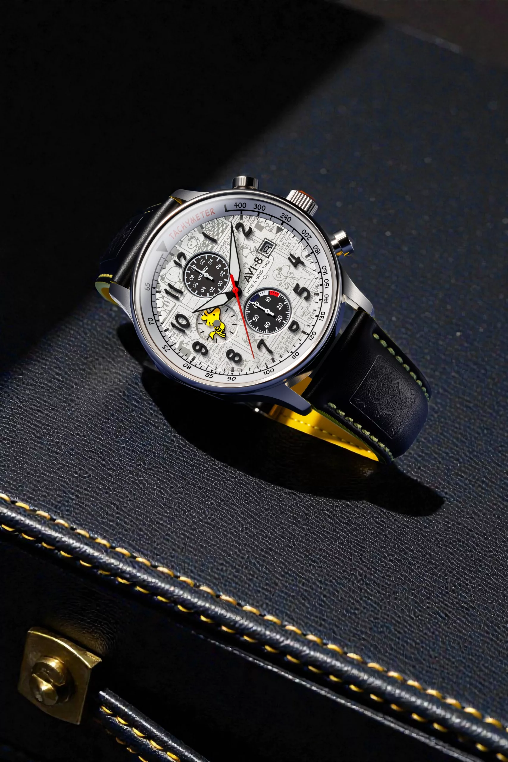 AVI-8 Woodstock White Hawker Hurricane Classic on a black leather strap with yellow accents