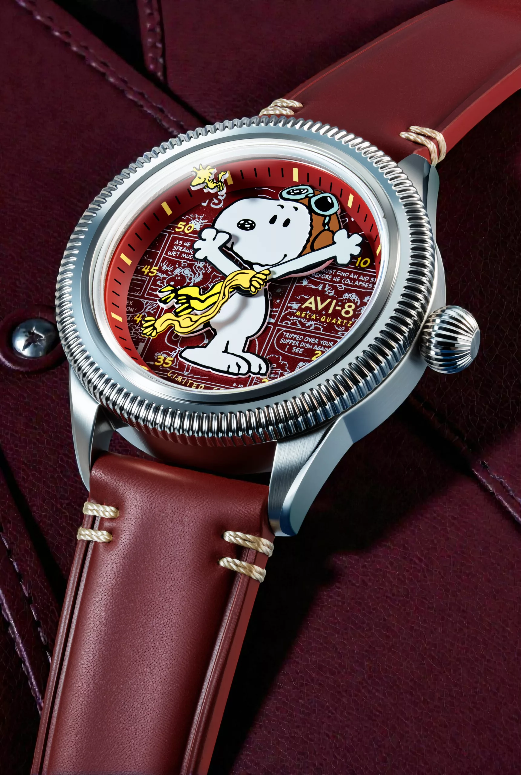 AVI-8 Doghouse Red Flyboy Airmaster 40 closeup on a red leather strap