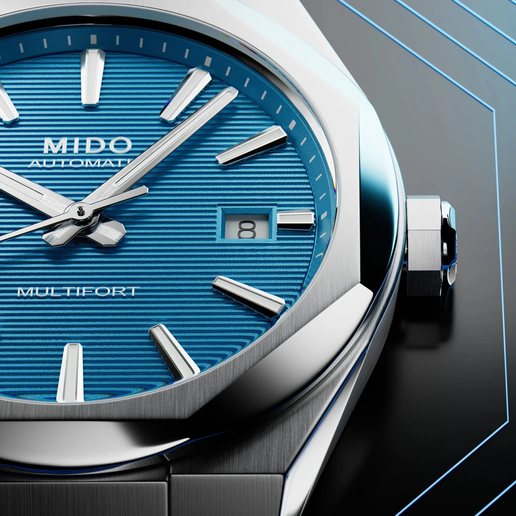 Macro view of the Mido Multifort 8 One Crown blue dial showing the horizontal relief-stamped grooves