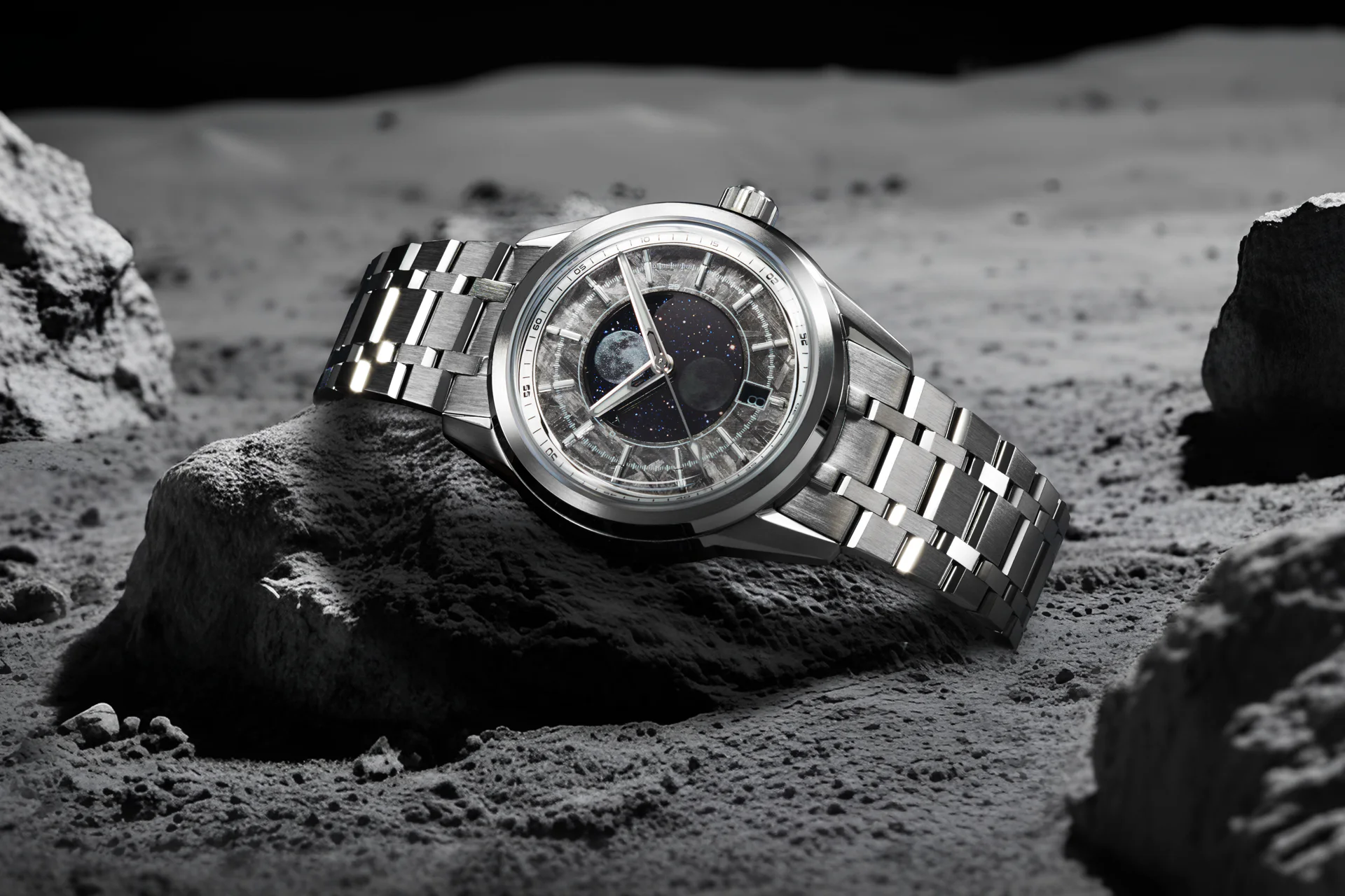 Zelos Helica Moonphase Aventurine on a lunar surface background
