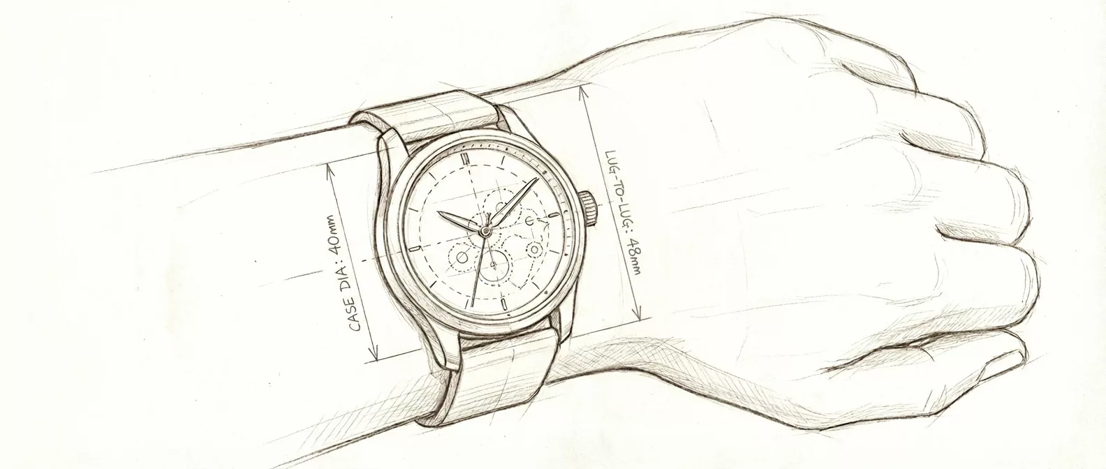 Diagram showing lug-to-lug measurement on a wristwatch worn on a wrist, explaining how lug span affects fit