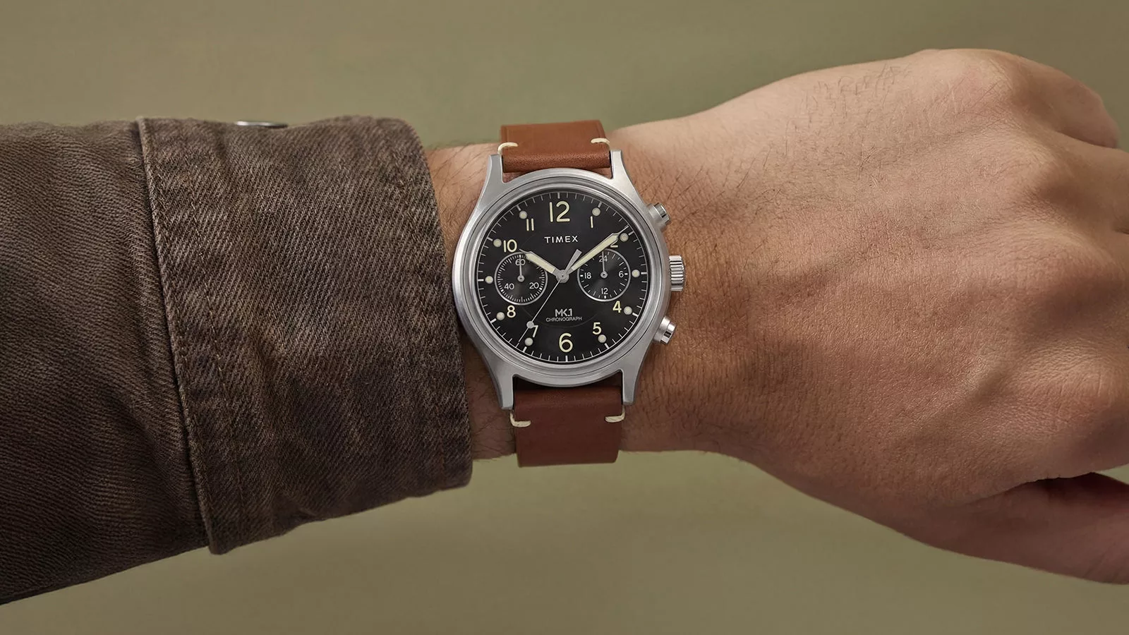 Timex MK1 Chronograph on a leather strap on wrist