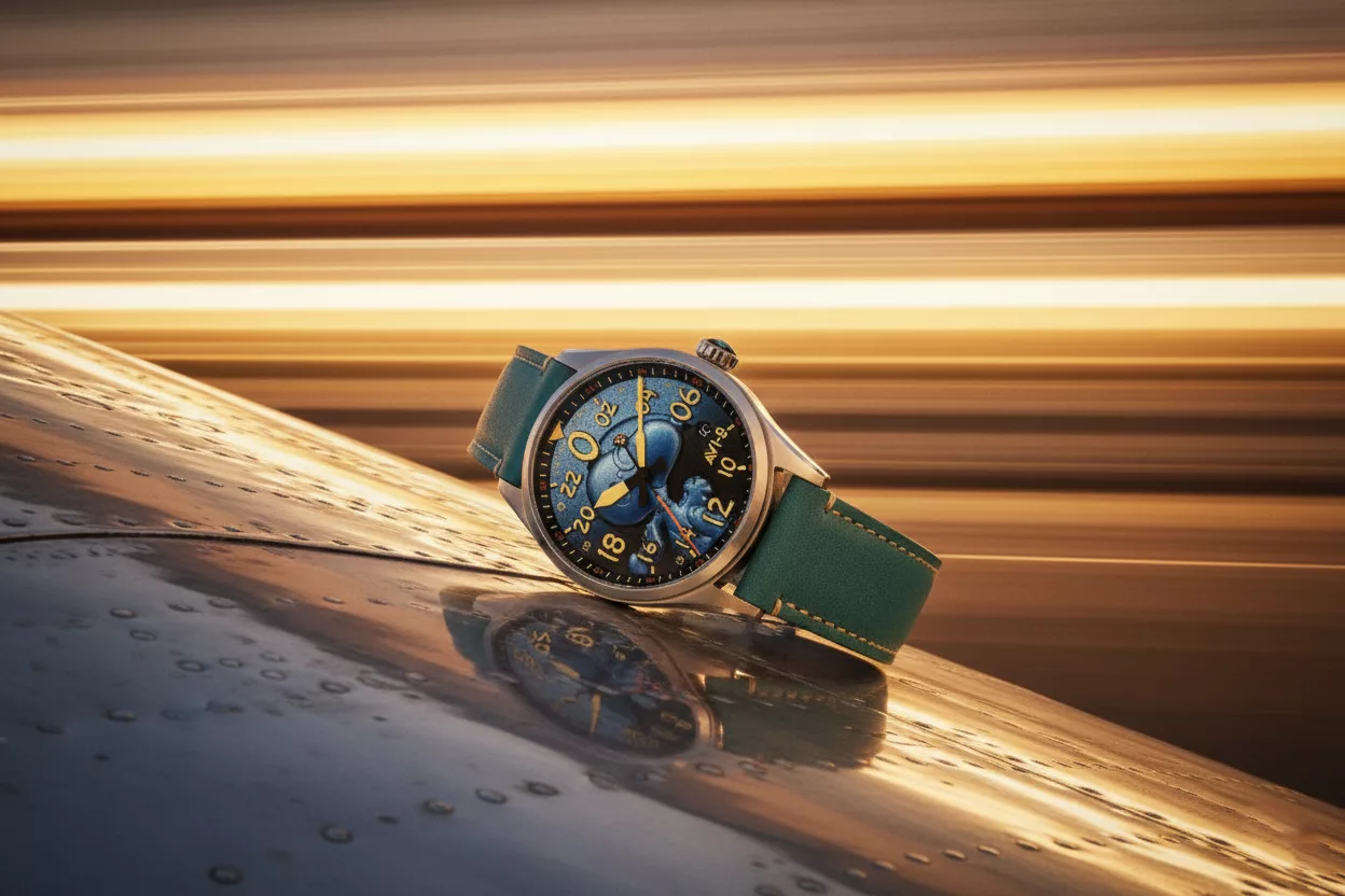 AVI-8 Spitfire Peanuts Snoopy Flying Ace 24-Hour Automatic on top of a plane