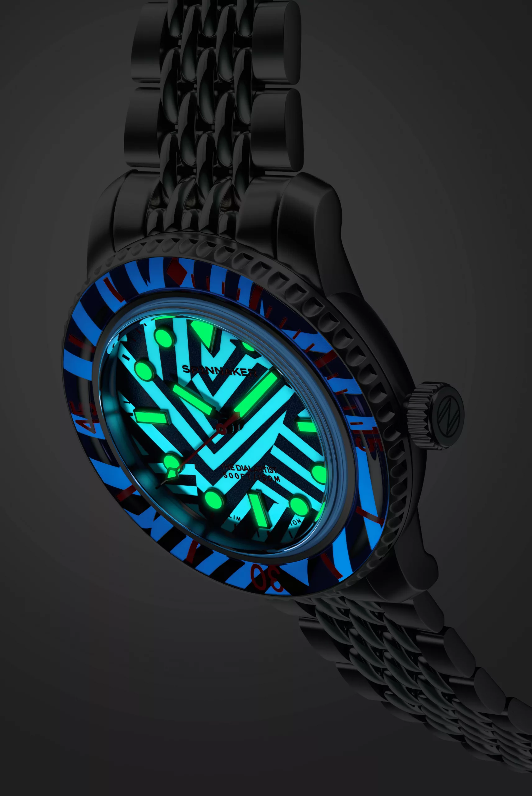 Spinnaker Fleuss 40 Automatic Razzle Dazzle has lume on the bezel, dial and markers