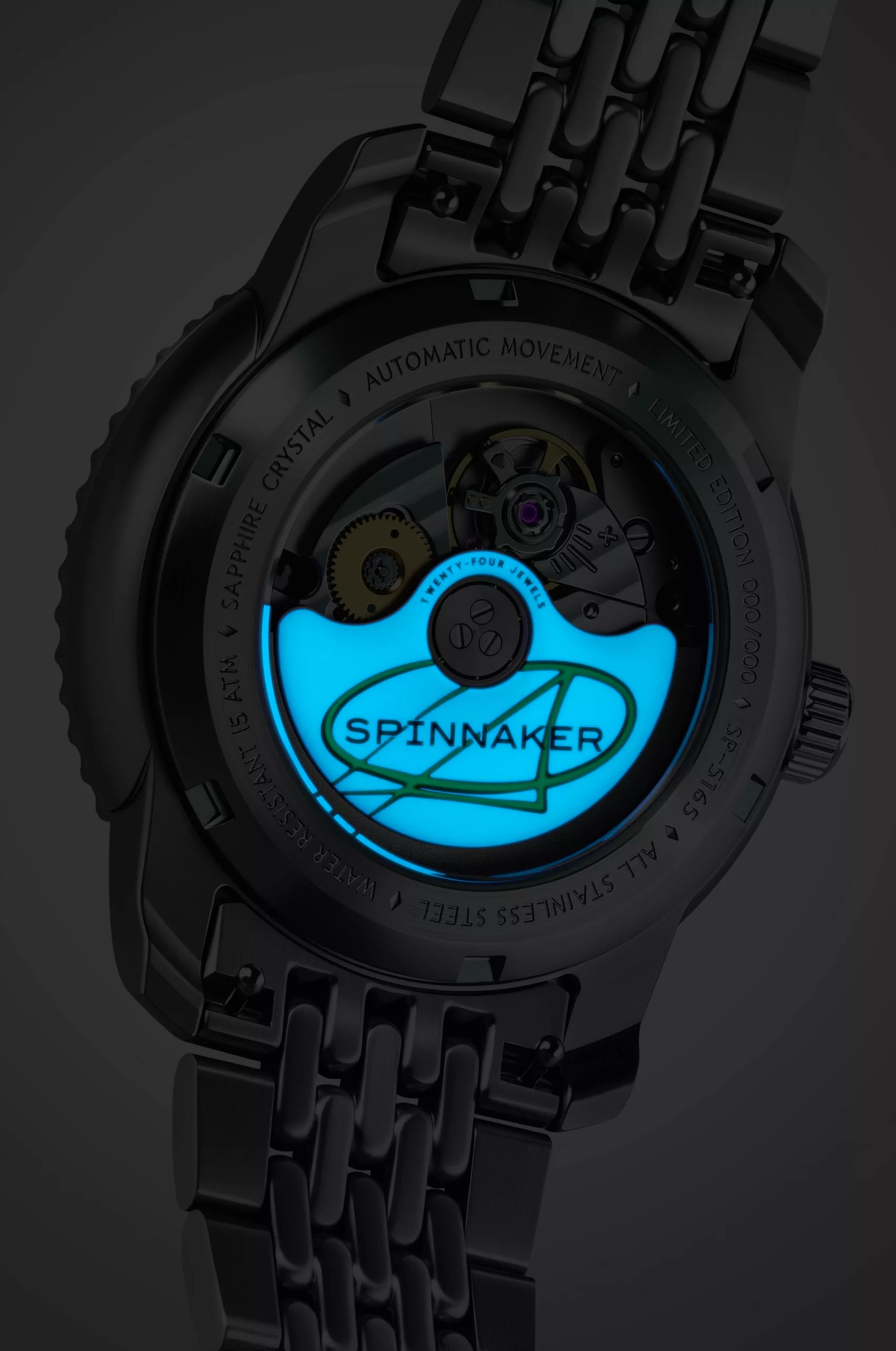 Spinnaker Fleuss 40 Automatic Razzle Dazzle has lume on the caseback