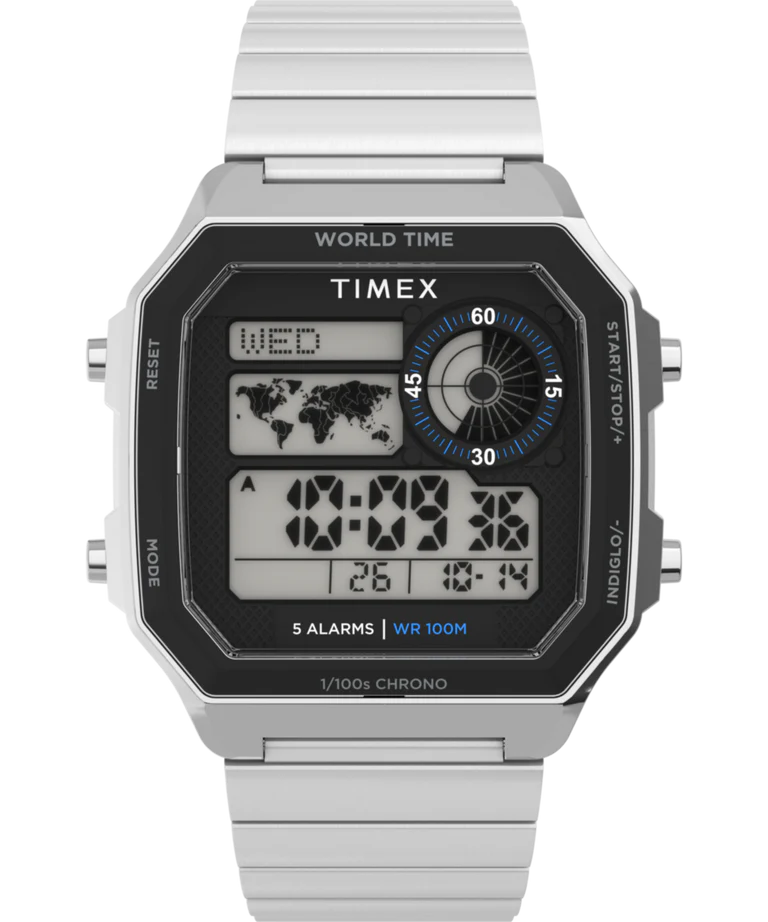 Timex World Time Digital Stainless Steel Bracelet