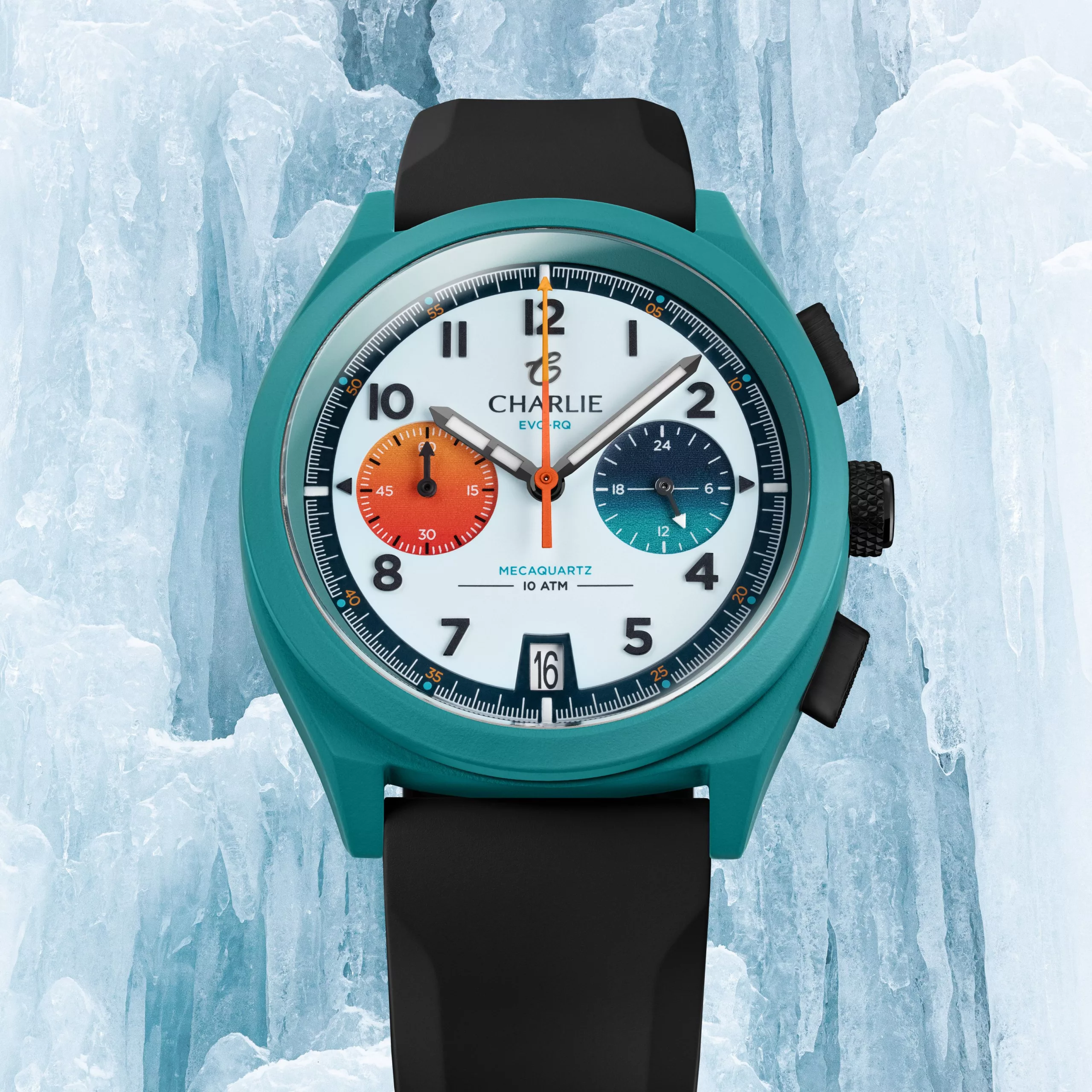 The GRX Chronograph EVO-RQ has got a turquoise case with orange and blue sub-dials