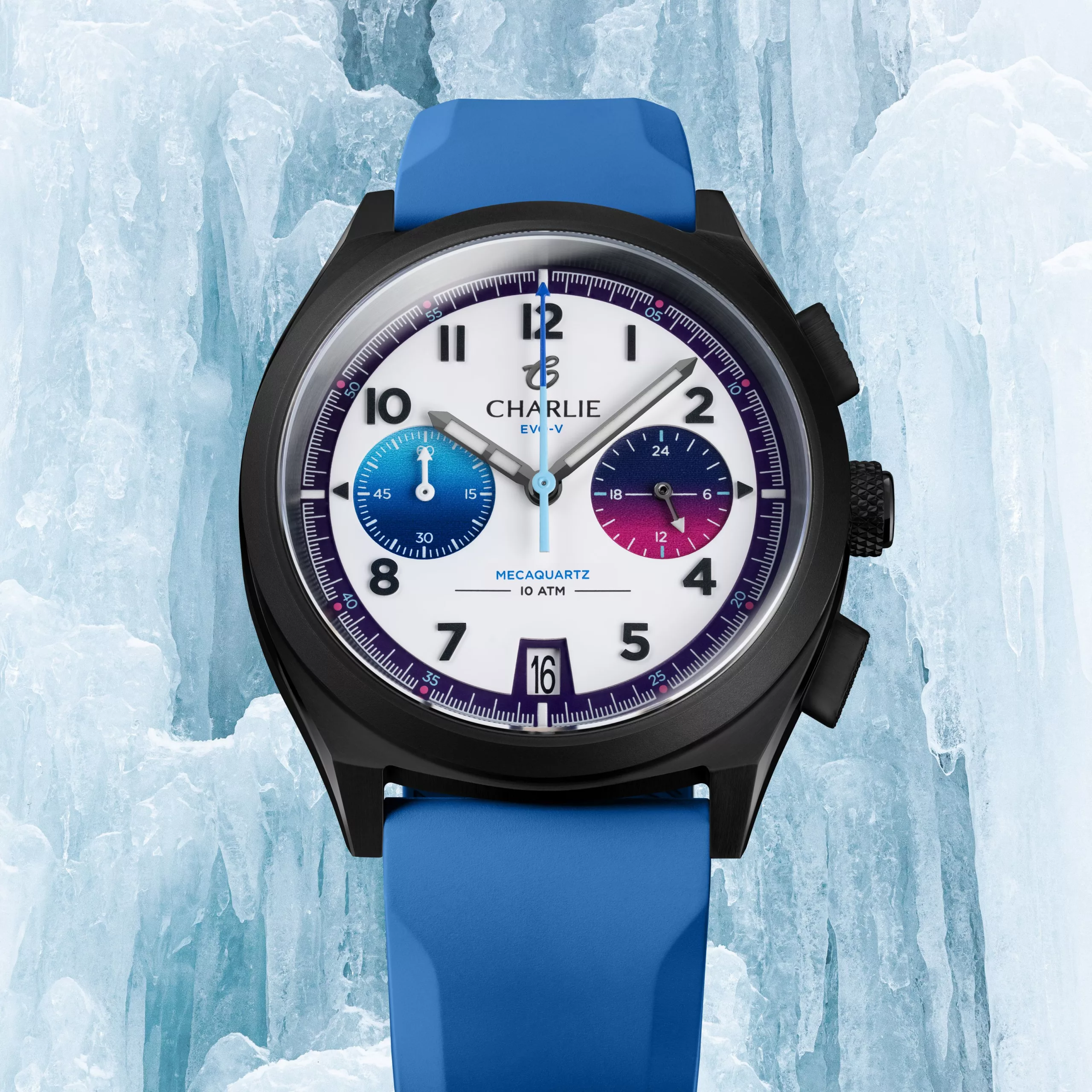 The Charlie Paris GRX Chronograph EVO-V has got blue and purple counters on a white dial
