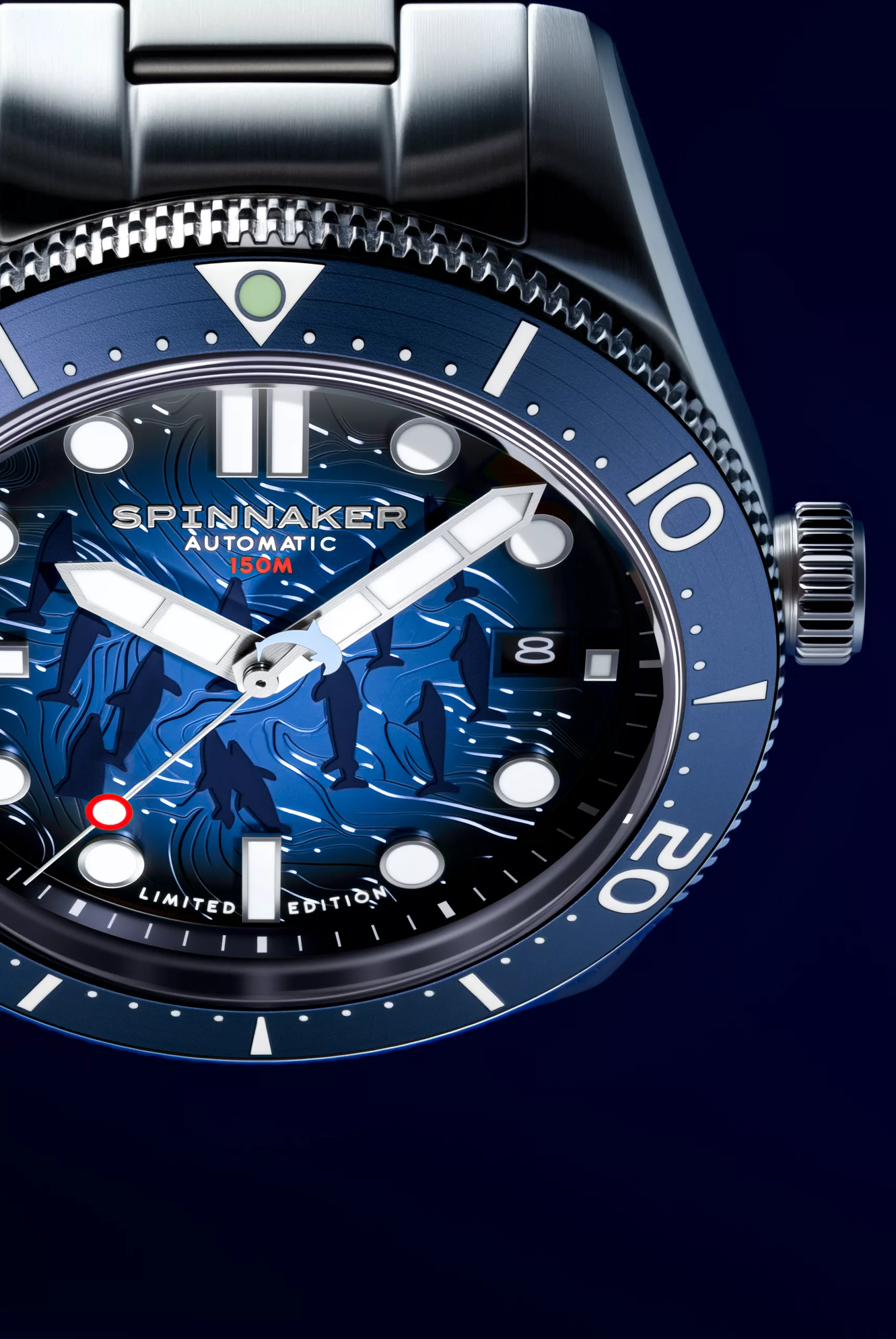 Swiss Super-LumiNova lights up the dolphin motif after dark
