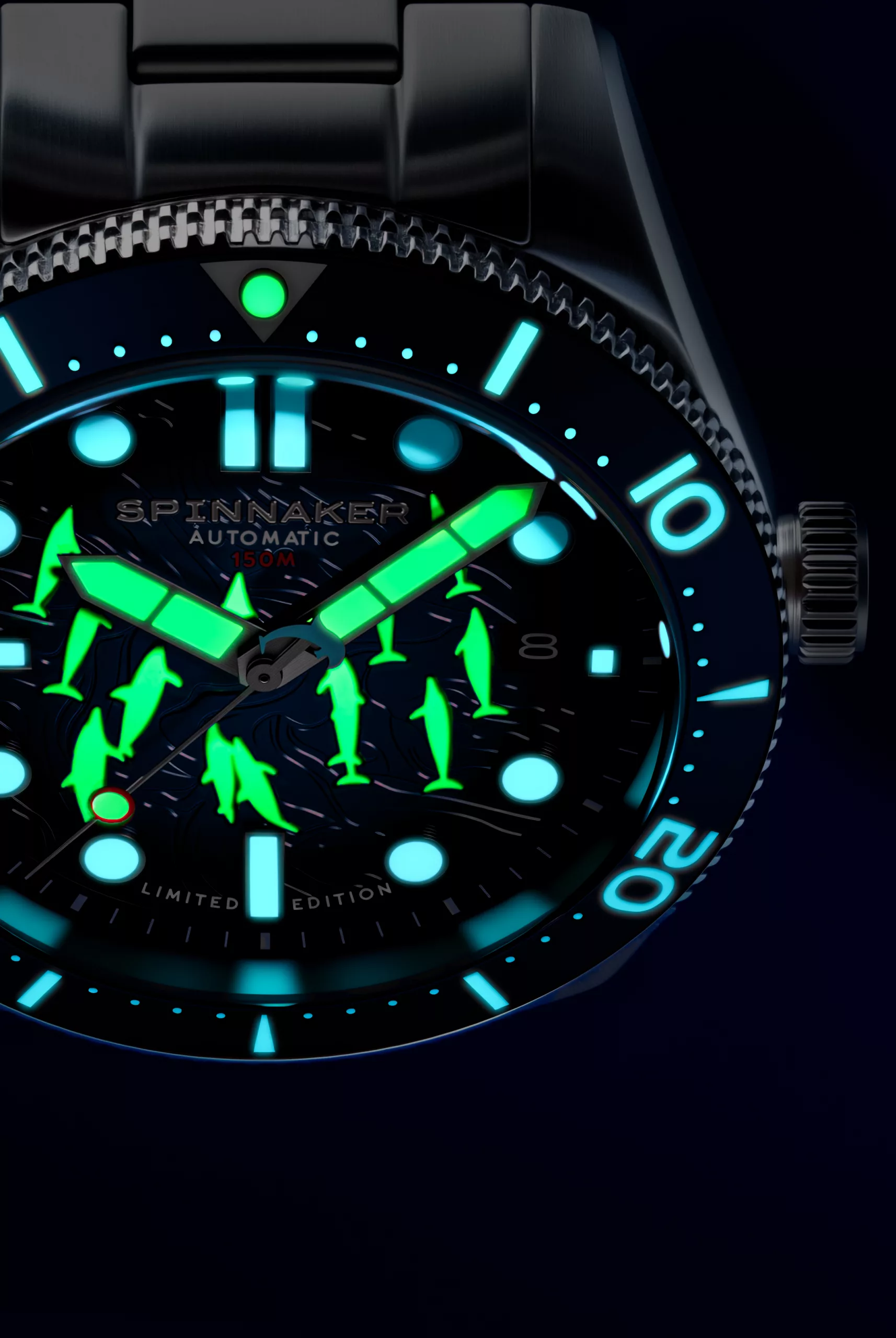 Swiss Super-LumiNova lights up the dolphin motif after dark