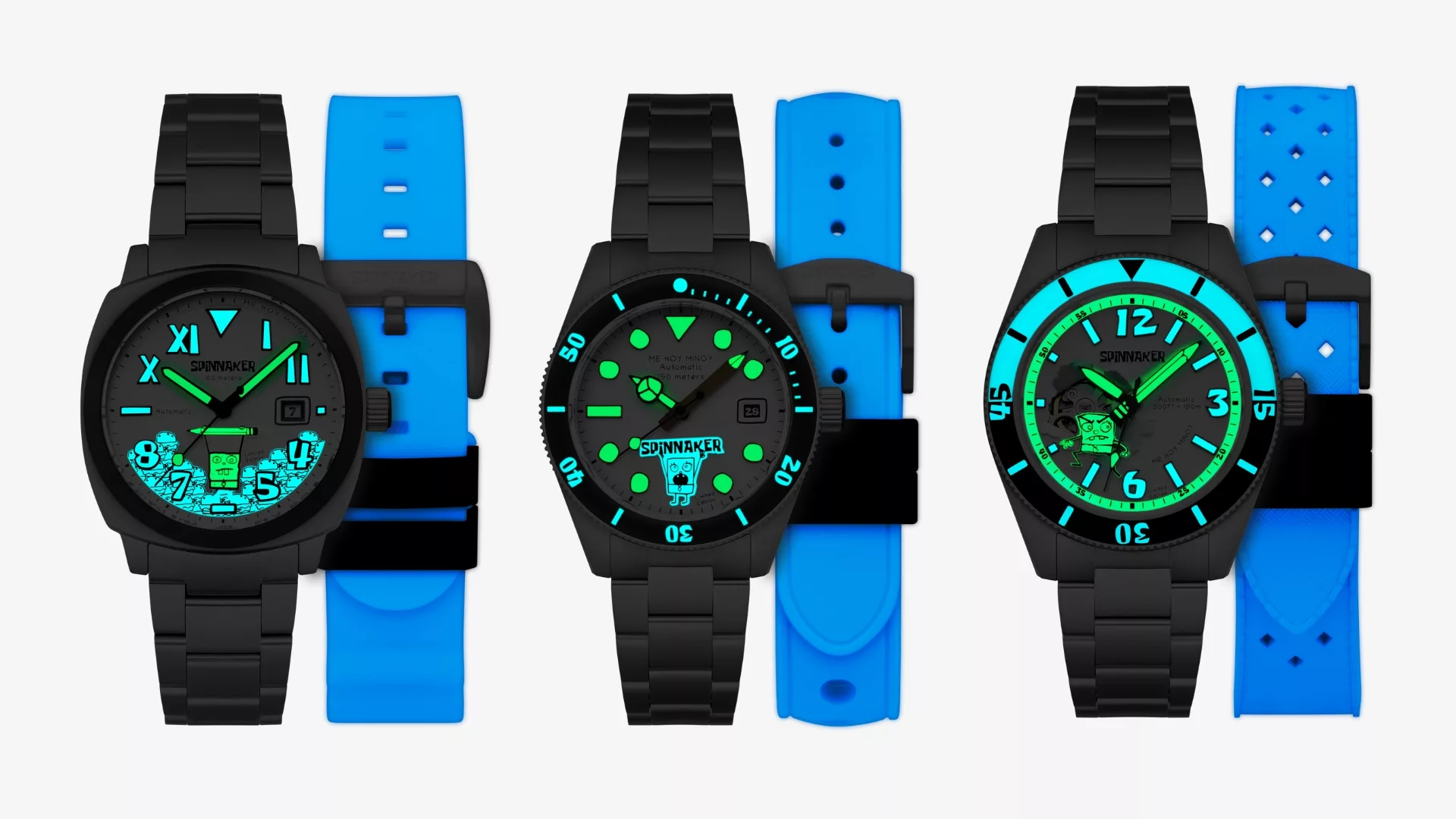 Spinnaker DoodleBob watches with luminous details across the dial, bezel, case, and strap