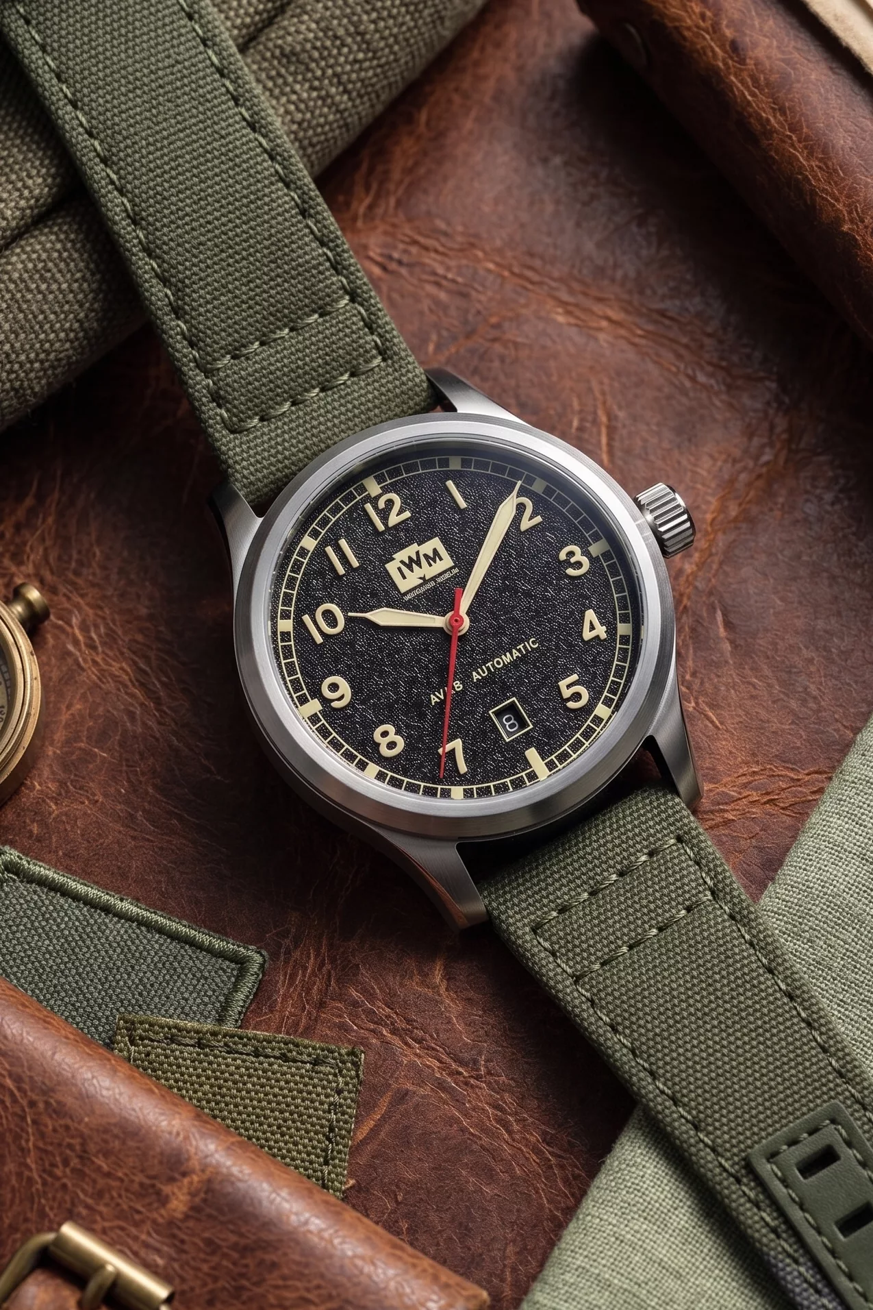 It features large Arabic numerals, so the dial keeps a classic field-watch layout