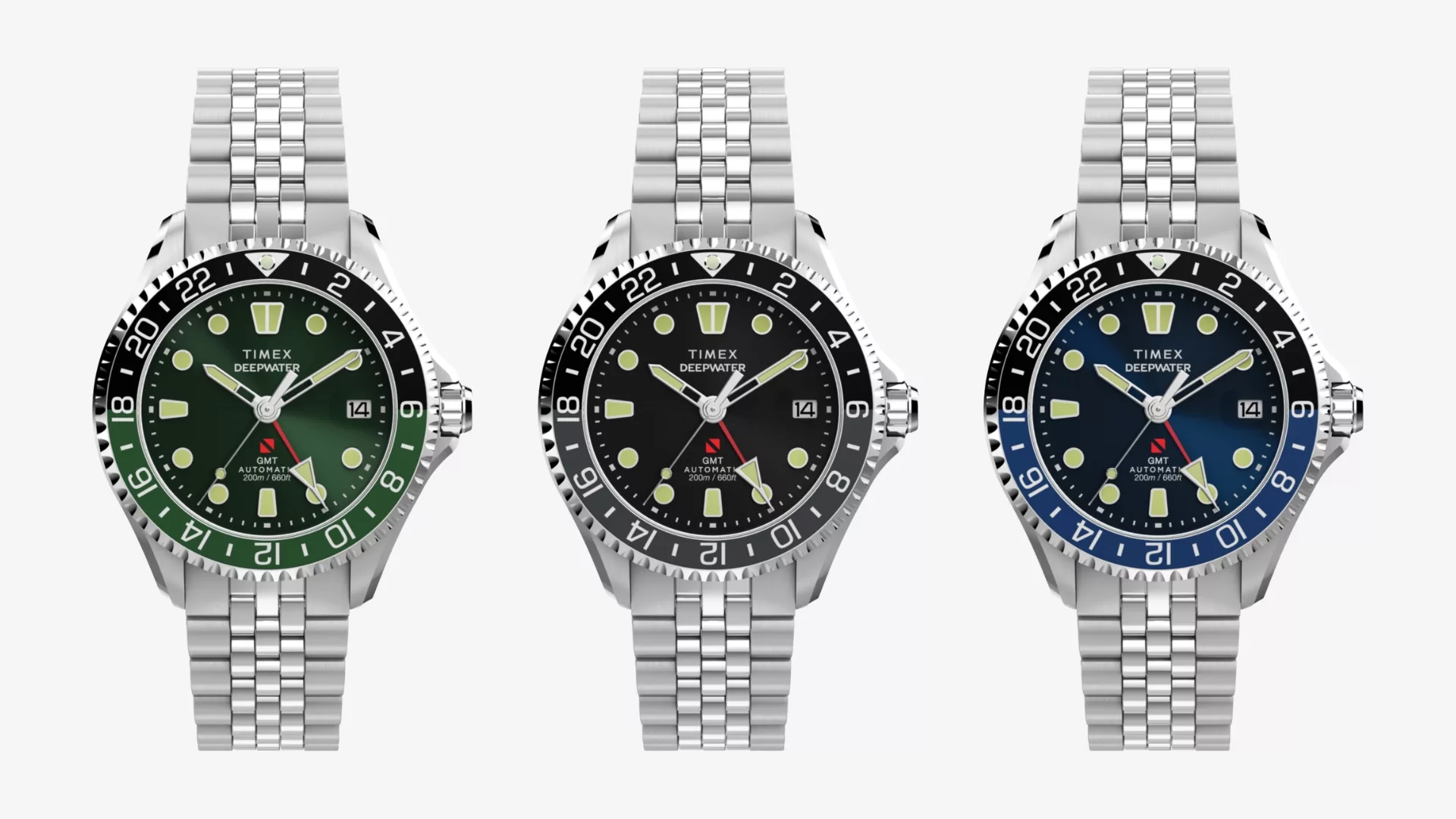 The Timex Deepwater Meridian 200 Auto GMT debuts in three distinct colorways
