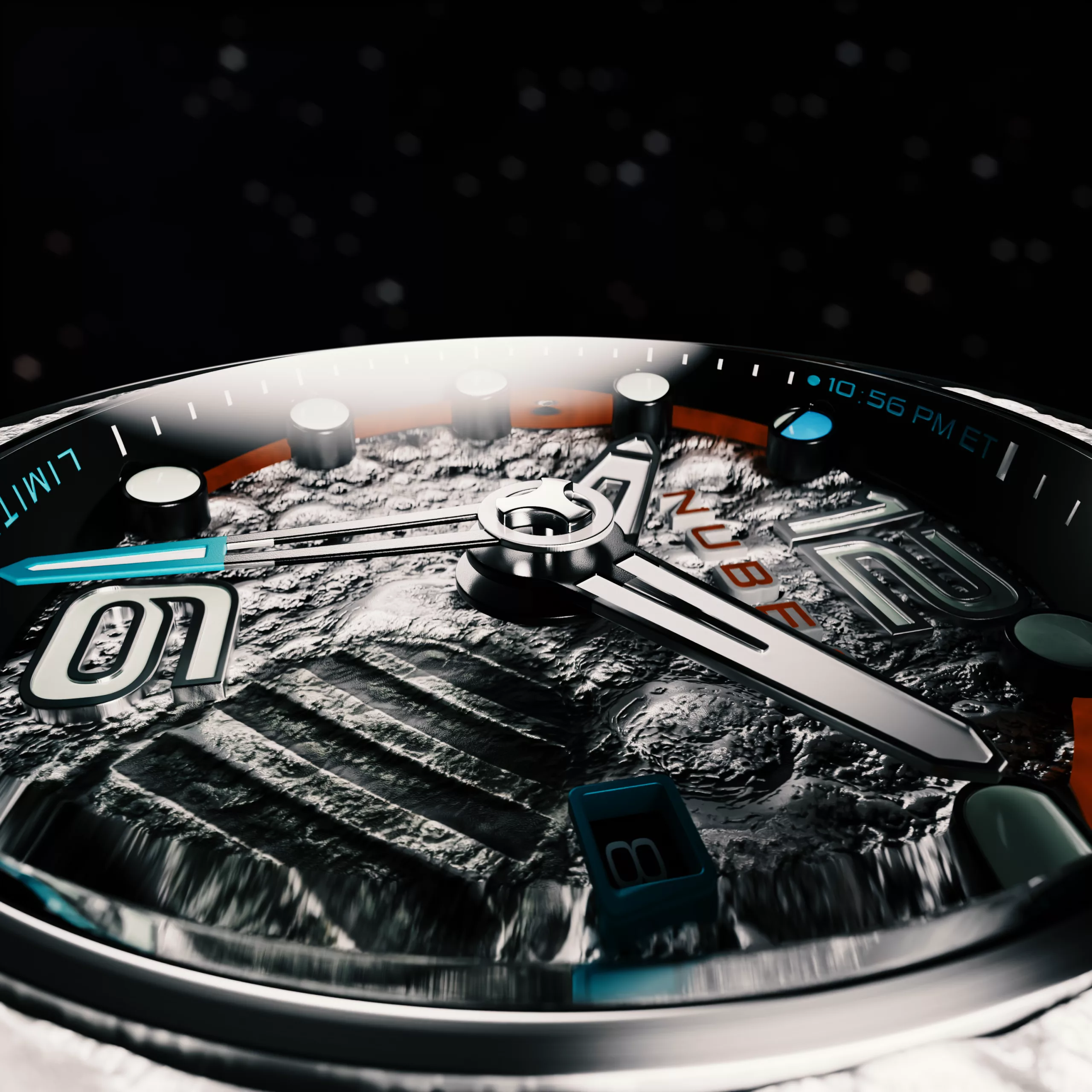 It features a raised footprint bezel motif tied directly to the Apollo landing theme