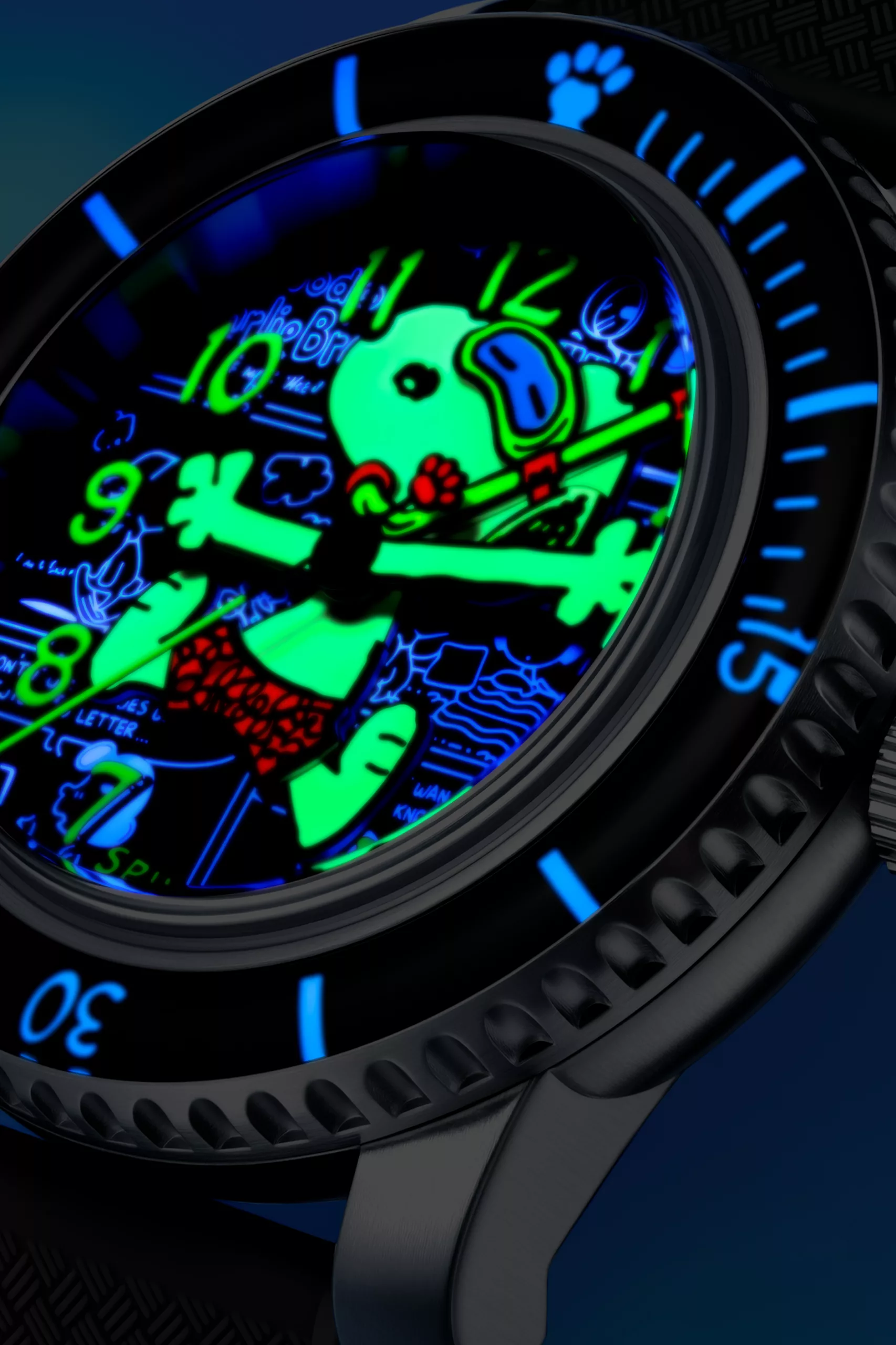 It features UV-activated comic panels that emerge across the dial under sunlight