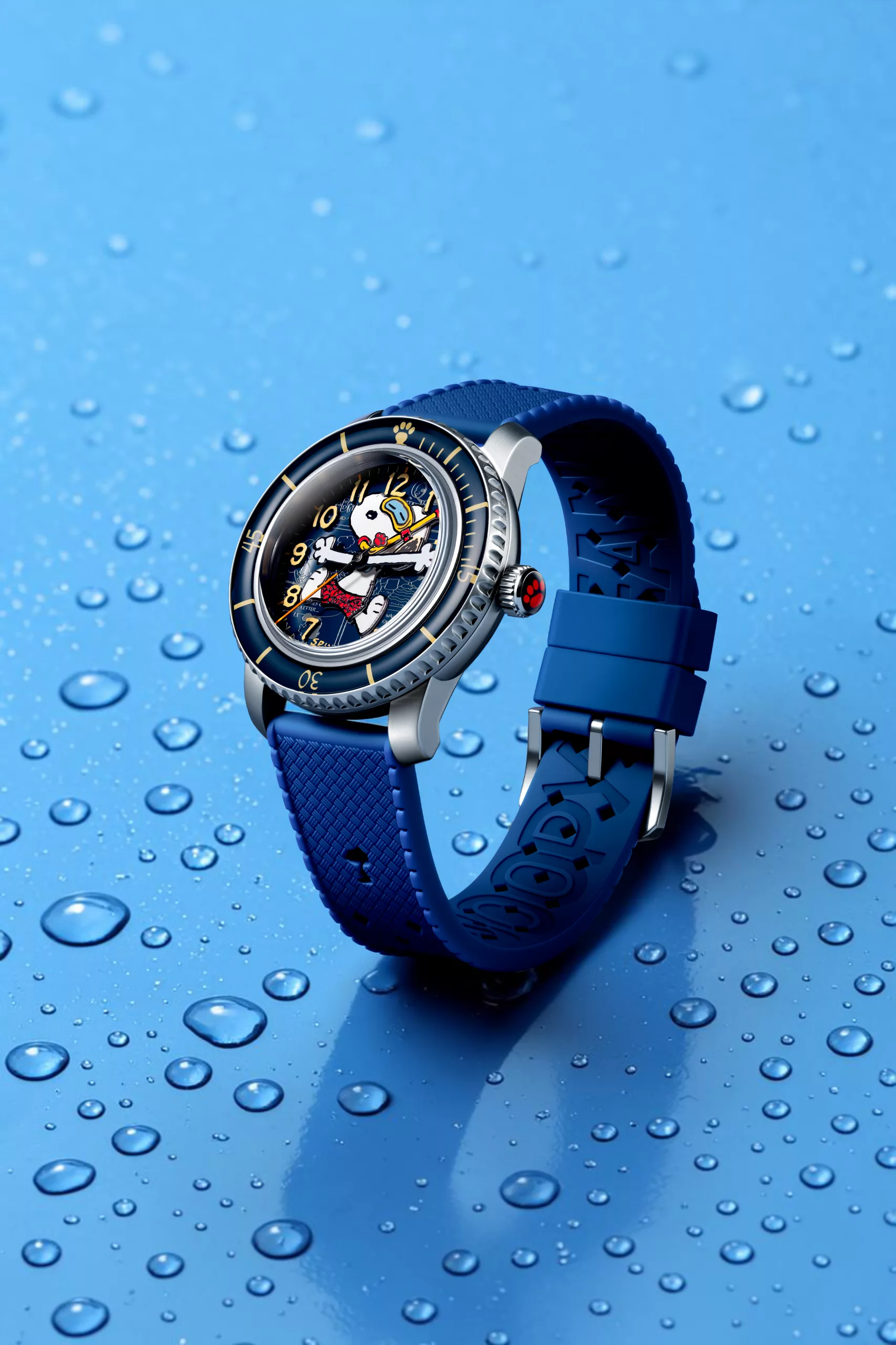 It features a paw-print crown that extends the Peanuts theme beyond the dial