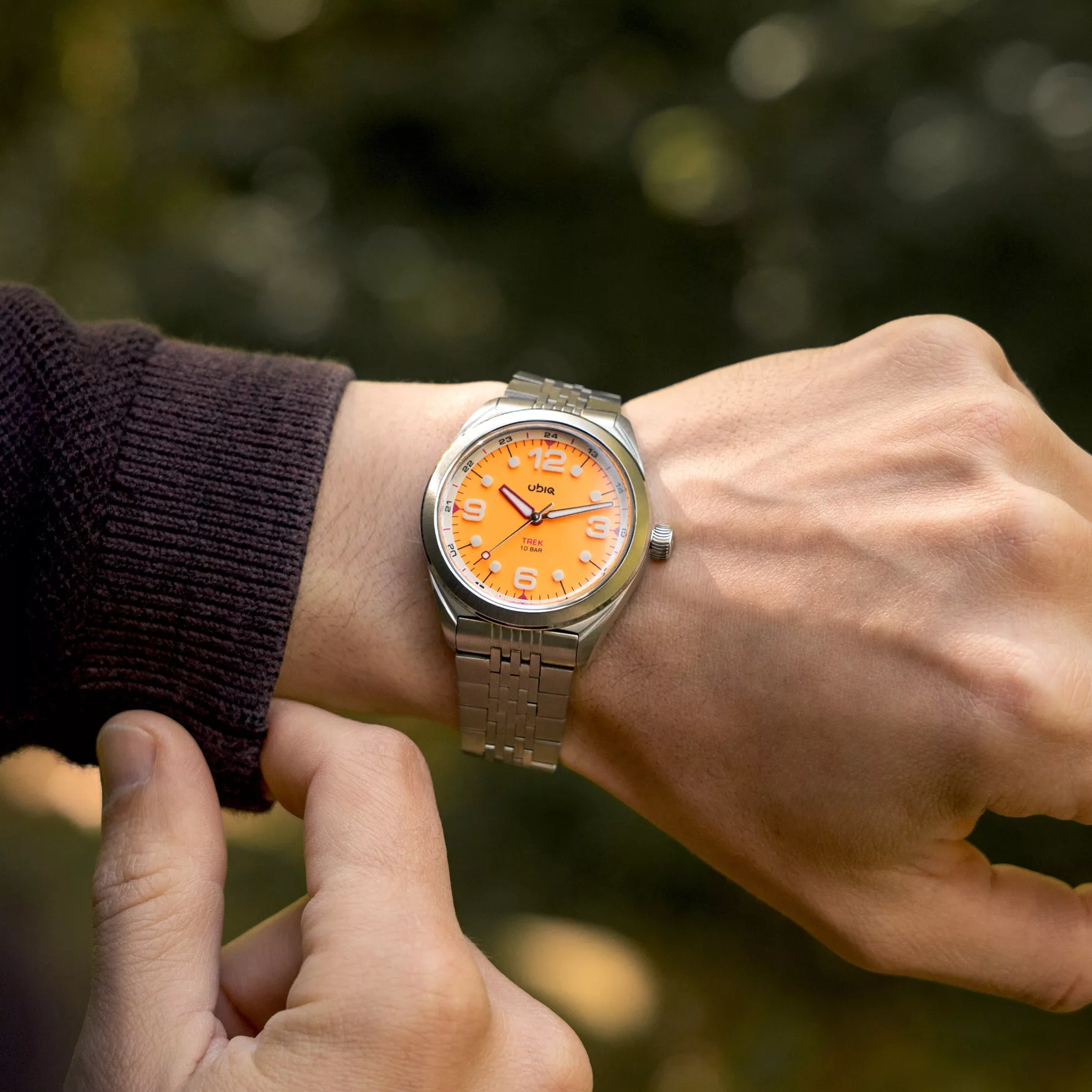 UBIQ Trek Orangepop on a stainless steel bracelet