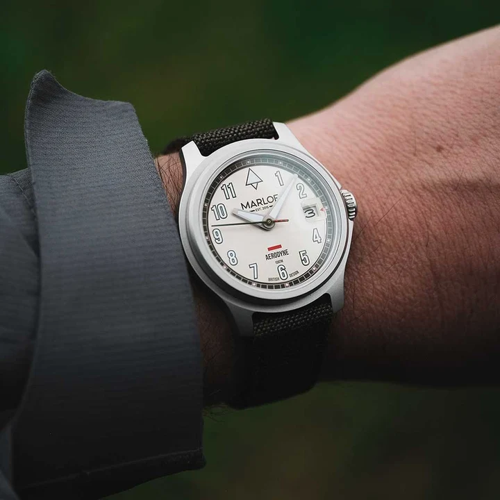 The Marloe Aerodyne has a blasted case that complements its instrument-watch styling