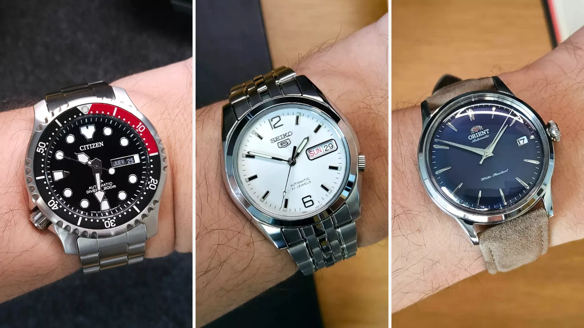 Citizen Promaster NY0085-86E, Seiko 5 SNK385, and Orient Bambino RA-AC0M12L30B worn side by side on the wrist