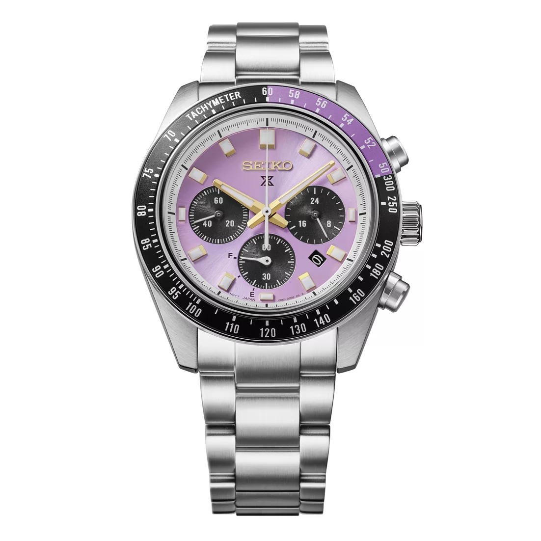 It comes with a purple aluminum tachymeter bezel insert paired with a matching purple dial