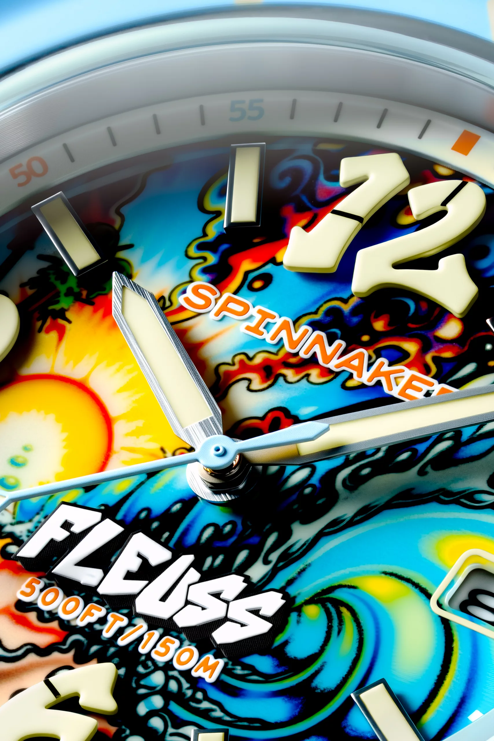 It features a hand-painted dial design reproduced from Brophy's original Surfer's Journey canvas