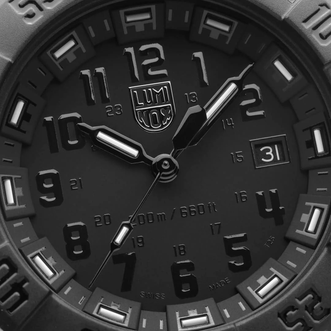 The Luminox Navy SEAL 3551 has a black Carbonox case with white numerals for daylight legibility
