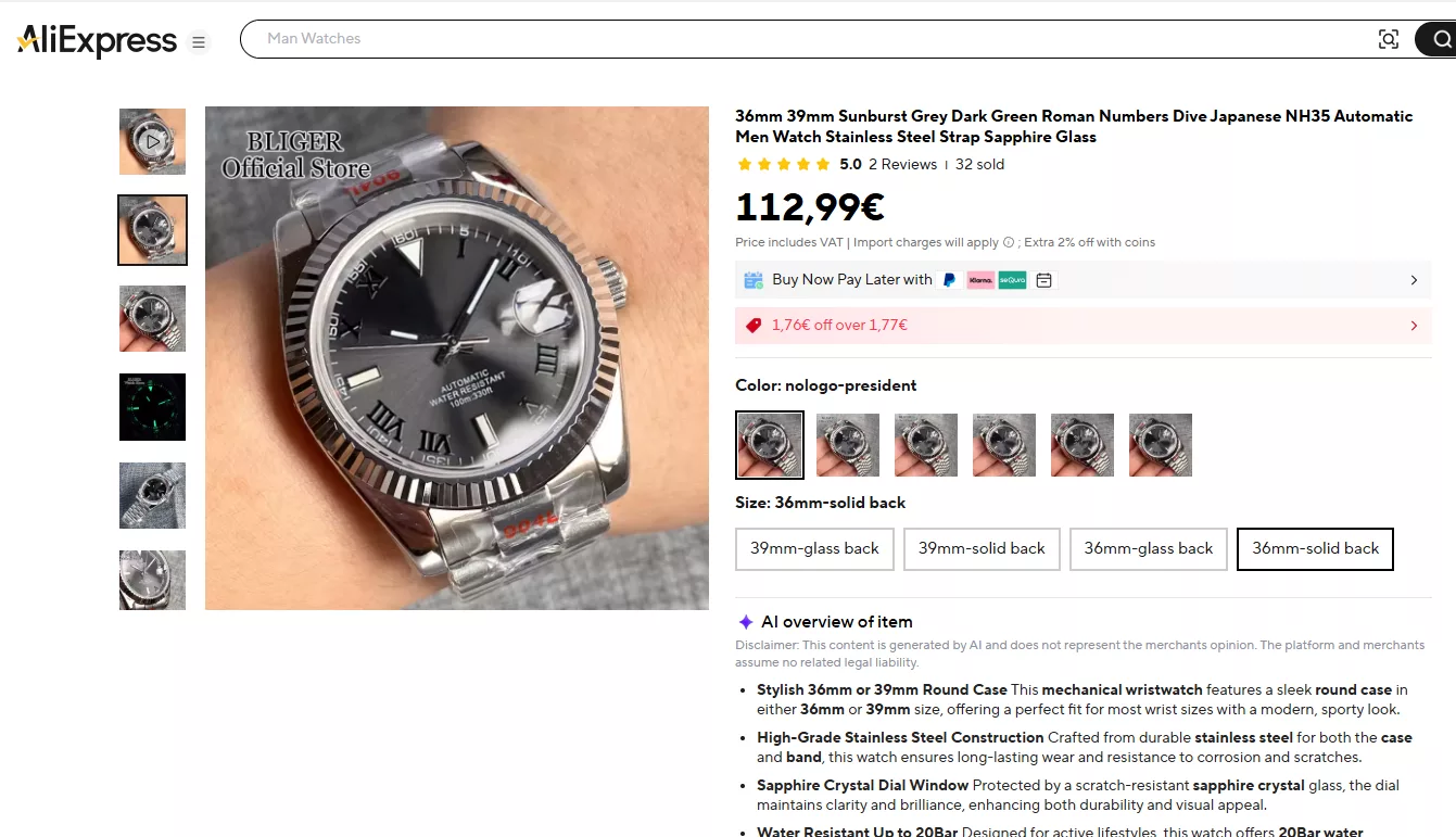 Listing of a fake Rolex piece