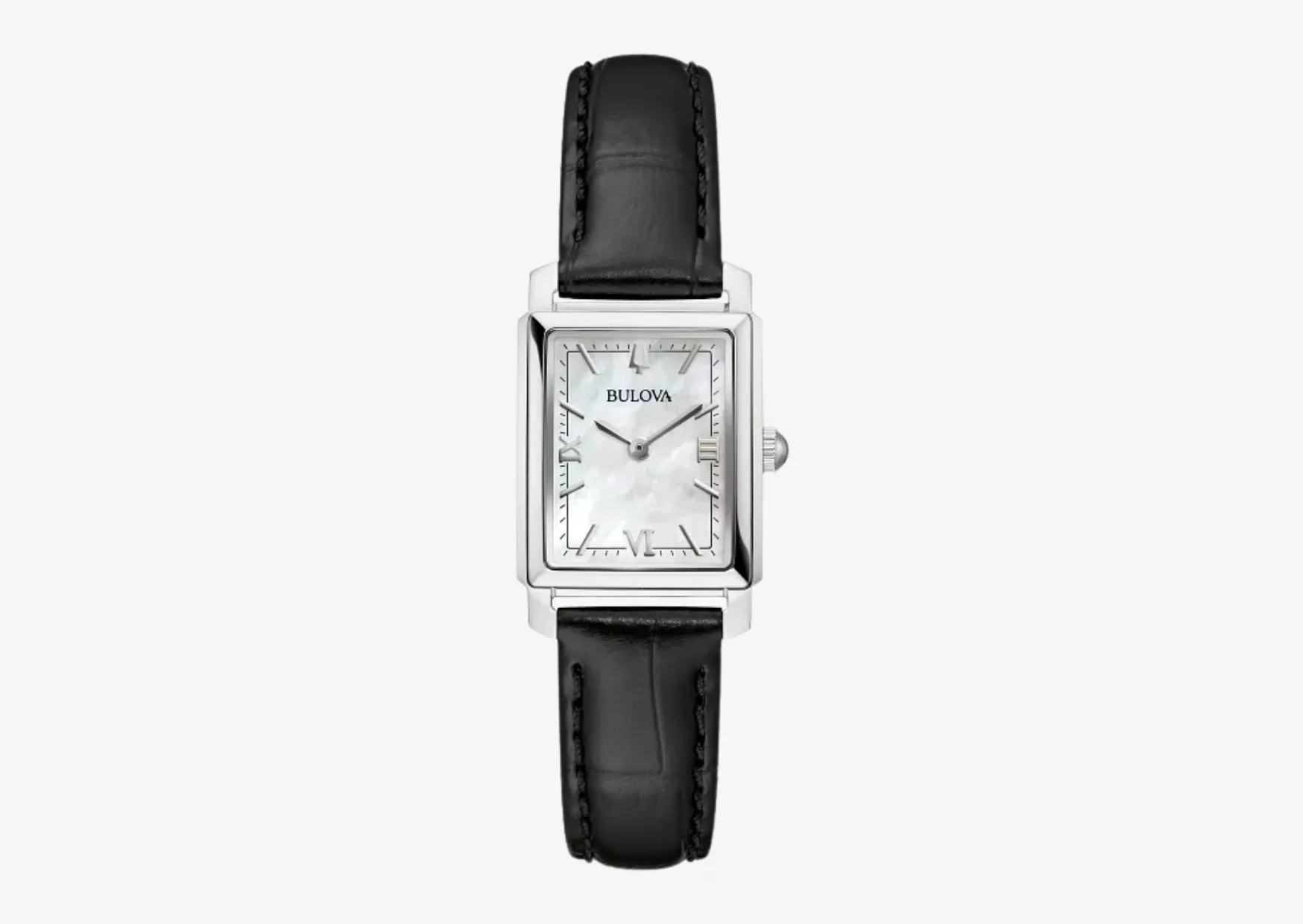 The Bulova Sutton Tank 96L330's square case and mother-of-pearl dial on its black calfskin strap