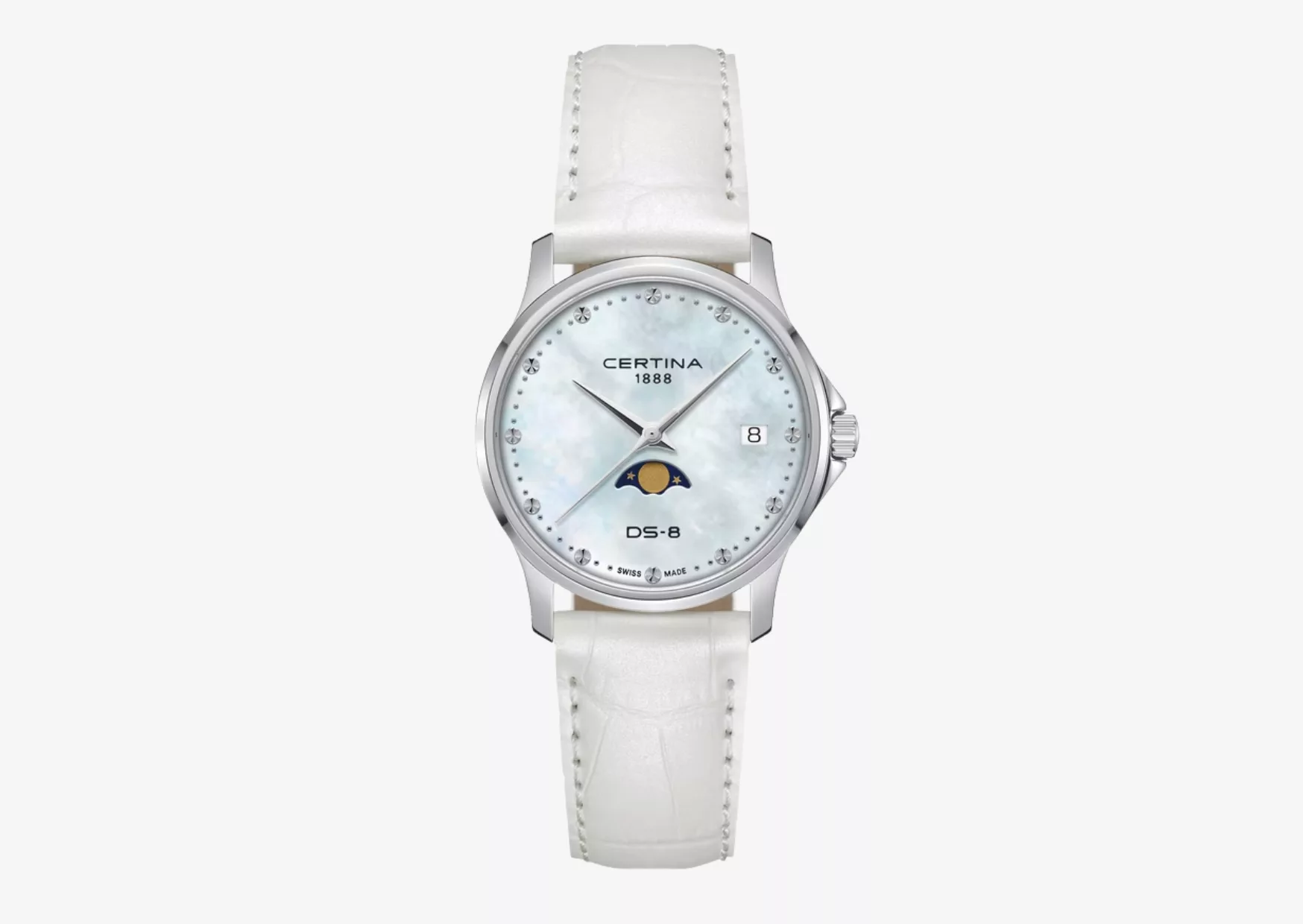The Certina DS-8 Moonphase Lady's moonphase window and mother-of-pearl dial
