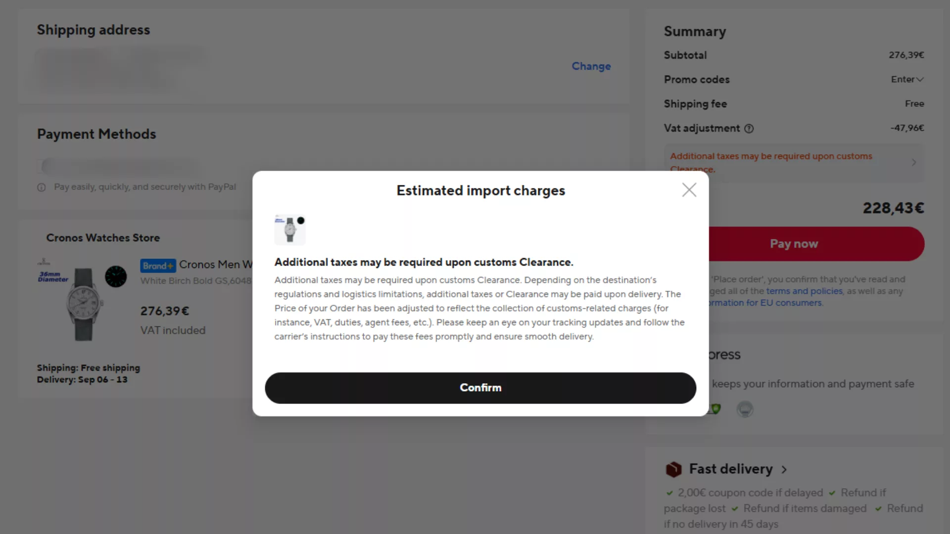 AliExpress checkout showing the estimated import charges warning that now applies at purchase