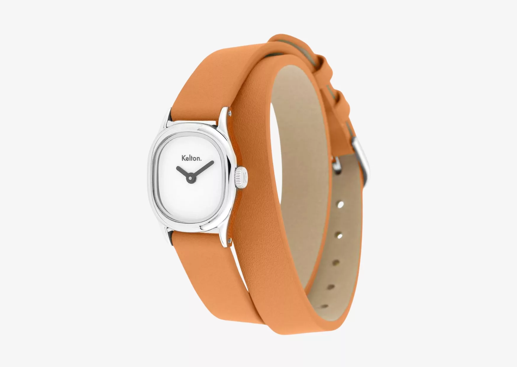 The Kelton Minicolo Camel's ellipsoid case and double-wrap leather strap, shown from above