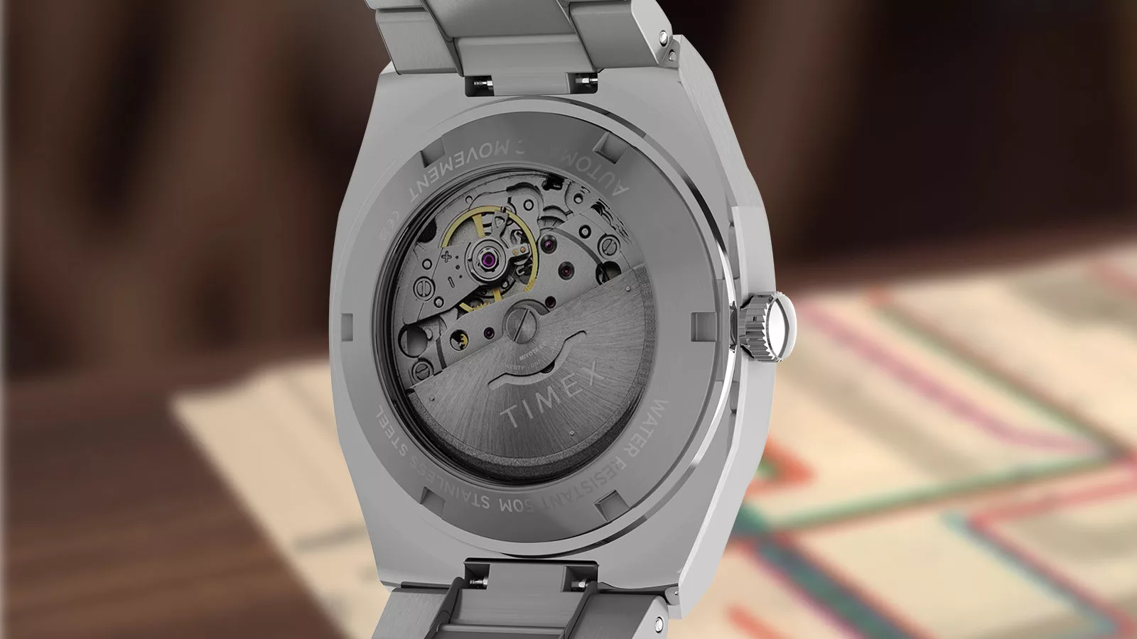 It has a Miyota 8215 automatic movement visible through an exhibition caseback
