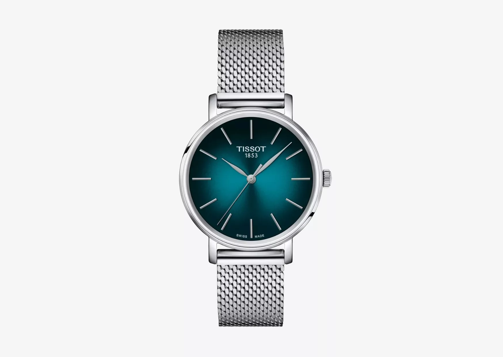 The Tissot Everytime 34mm's turquoise dial and simple applied indexes on its 316L steel case