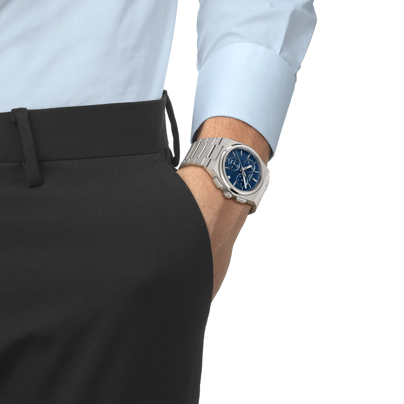 The Tissot PRX Quartz Chronograph has a 41mm stainless steel case, one millimetre under the automatic version