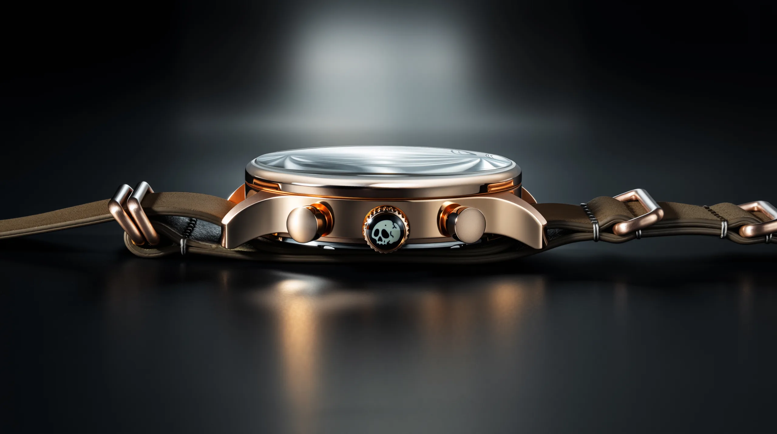It features a screw-back caseback and a pull-out crown, keeping the case profile at 11.2mm