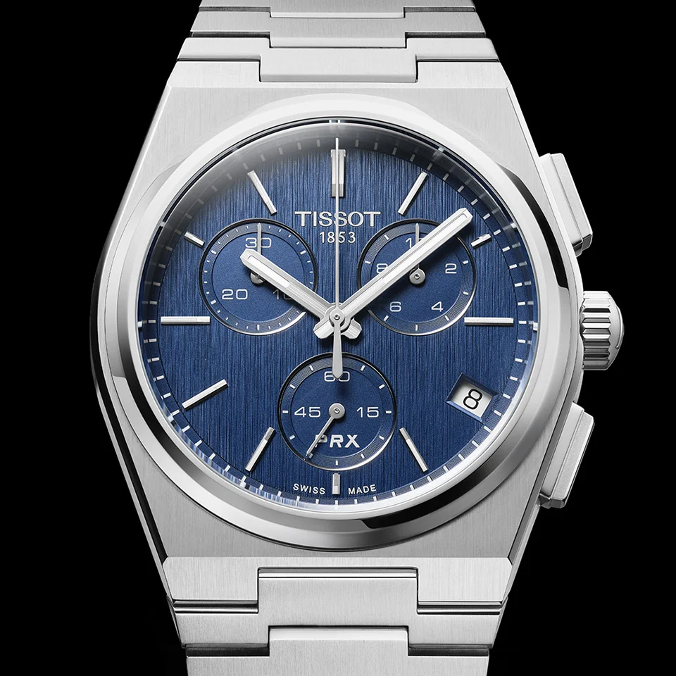 It features three subdials, with the 1/10th-second counter sitting at three o’clock