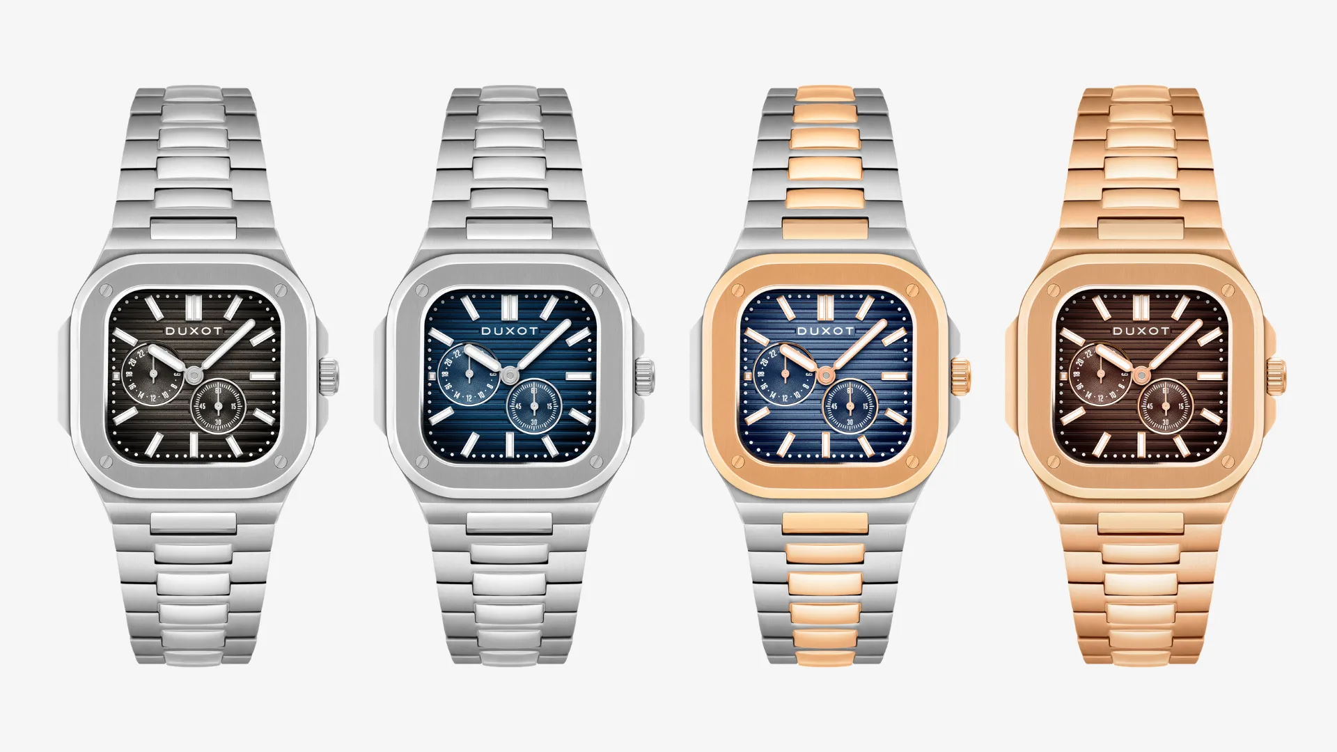 The Duxot Quadrata 24 Hour comes in four versions, from all-steel to full rose gold-tone