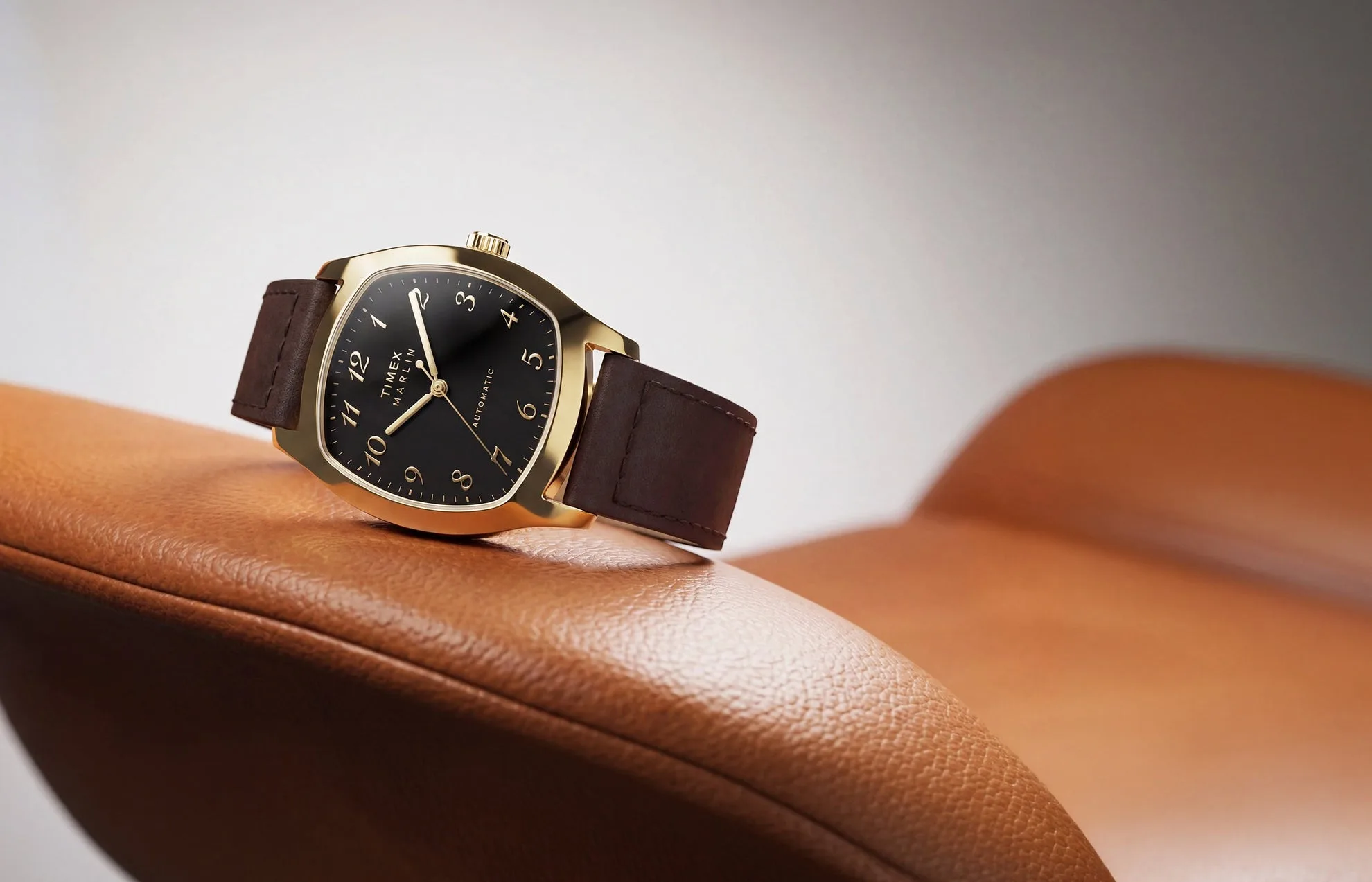 It comes with a brown leather strap on the gold-tone version, priced at €289