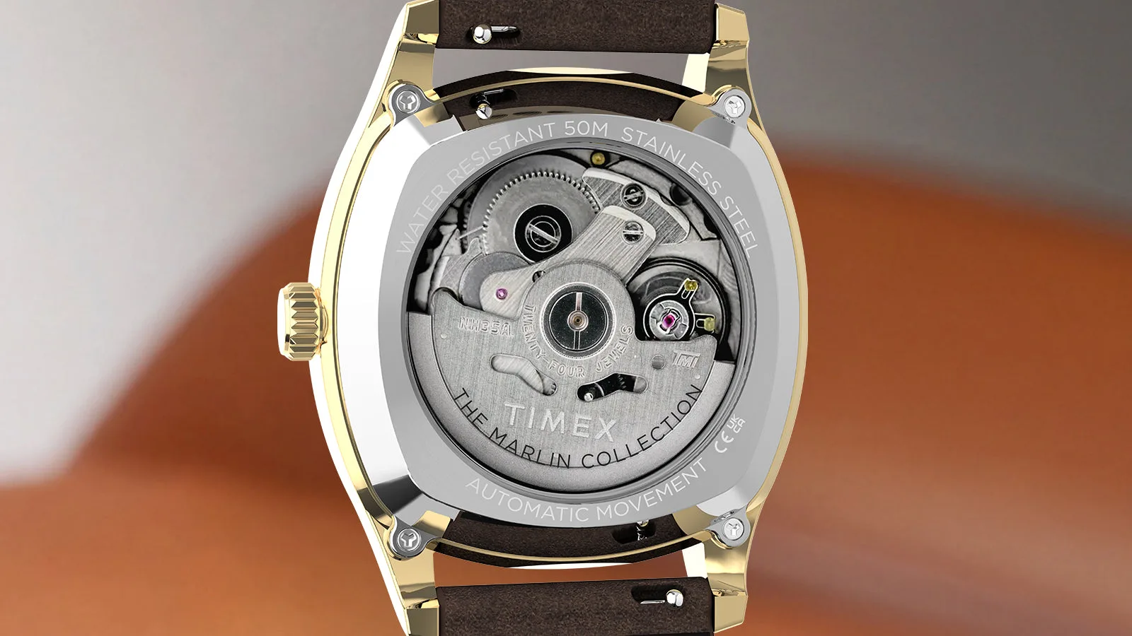 It uses a Seiko NH35A automatic movement, visible through an exhibition caseback