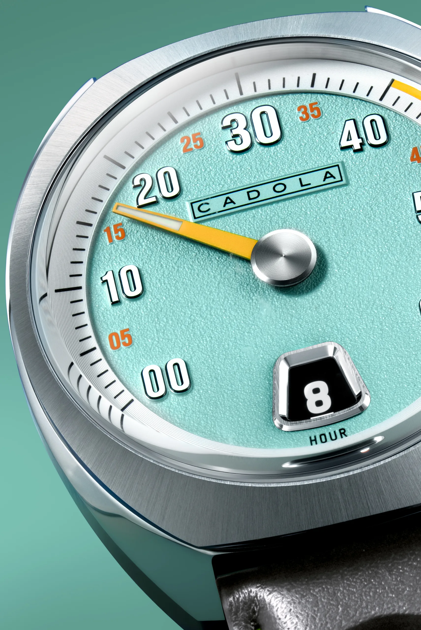It features a jumping hour window that changes instantly at the top of each hour