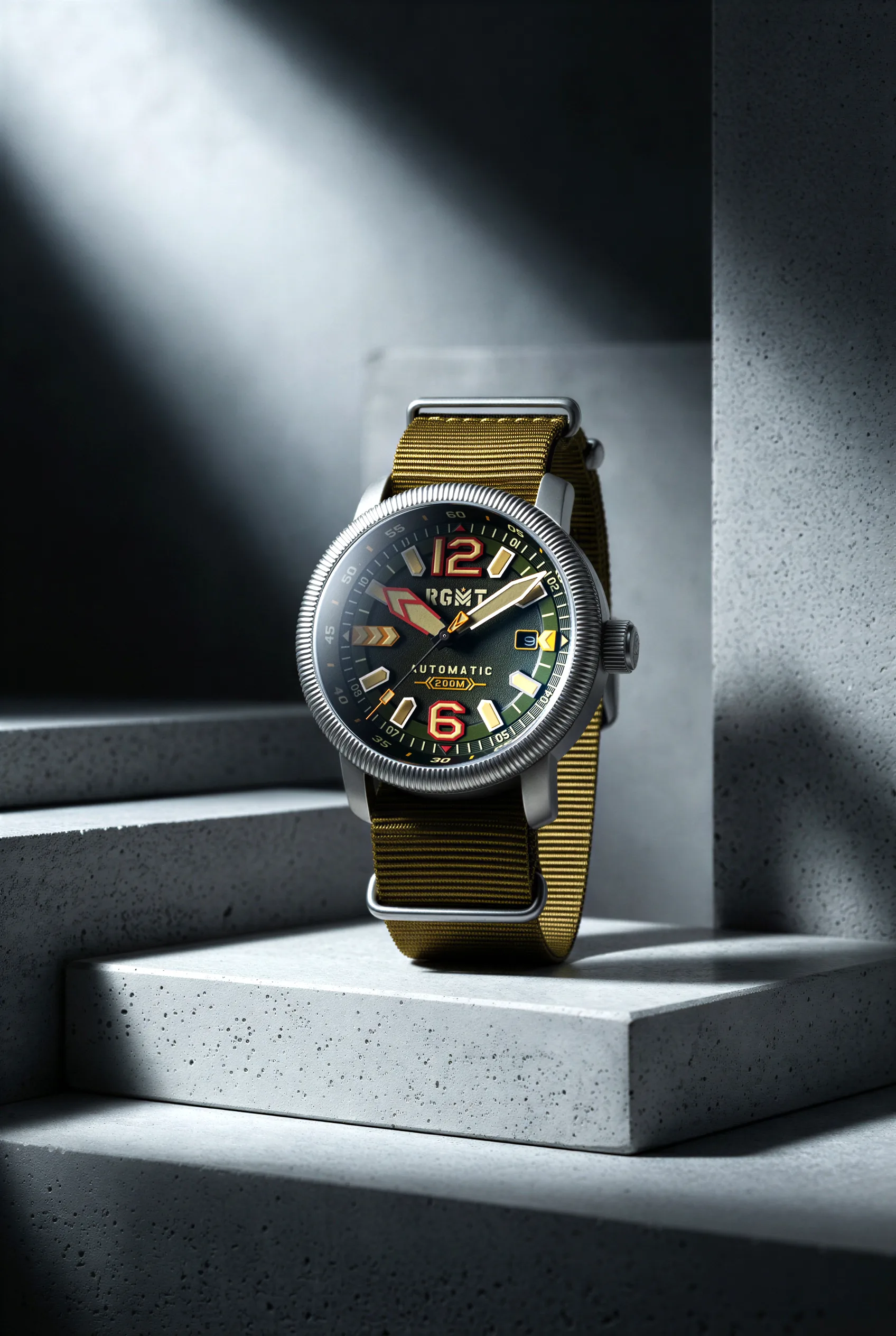The RGMT Bastion Automatic has a 44mm stainless steel case with an all-over sand-brushed finish