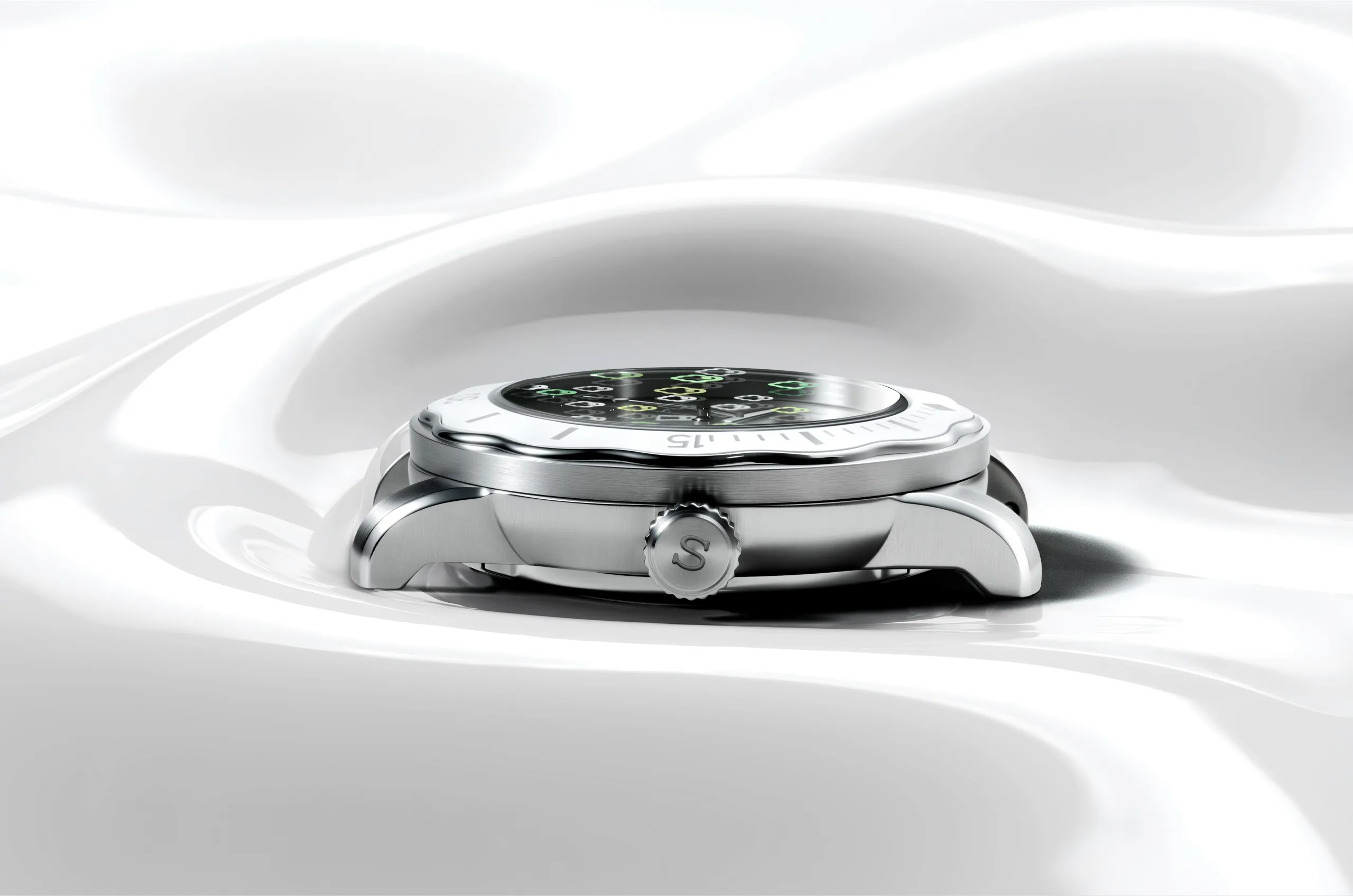 It features a polished white ceramic bezel with a wavy, ghost-robe edge