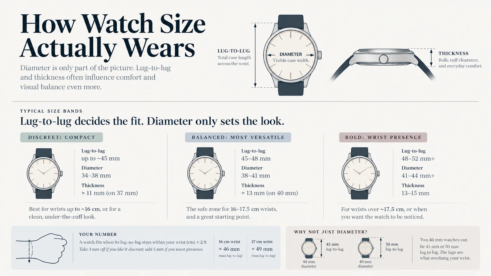 Infographic showing how watch size wears: lug-to-lug, diameter and thickness, with compact, balanced and bold size bands by wrist size